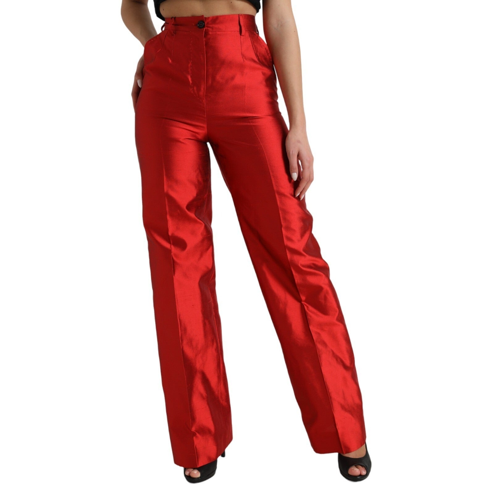 Dolce & Gabbana Red Satin Silk High Waist Wide Leg Pants