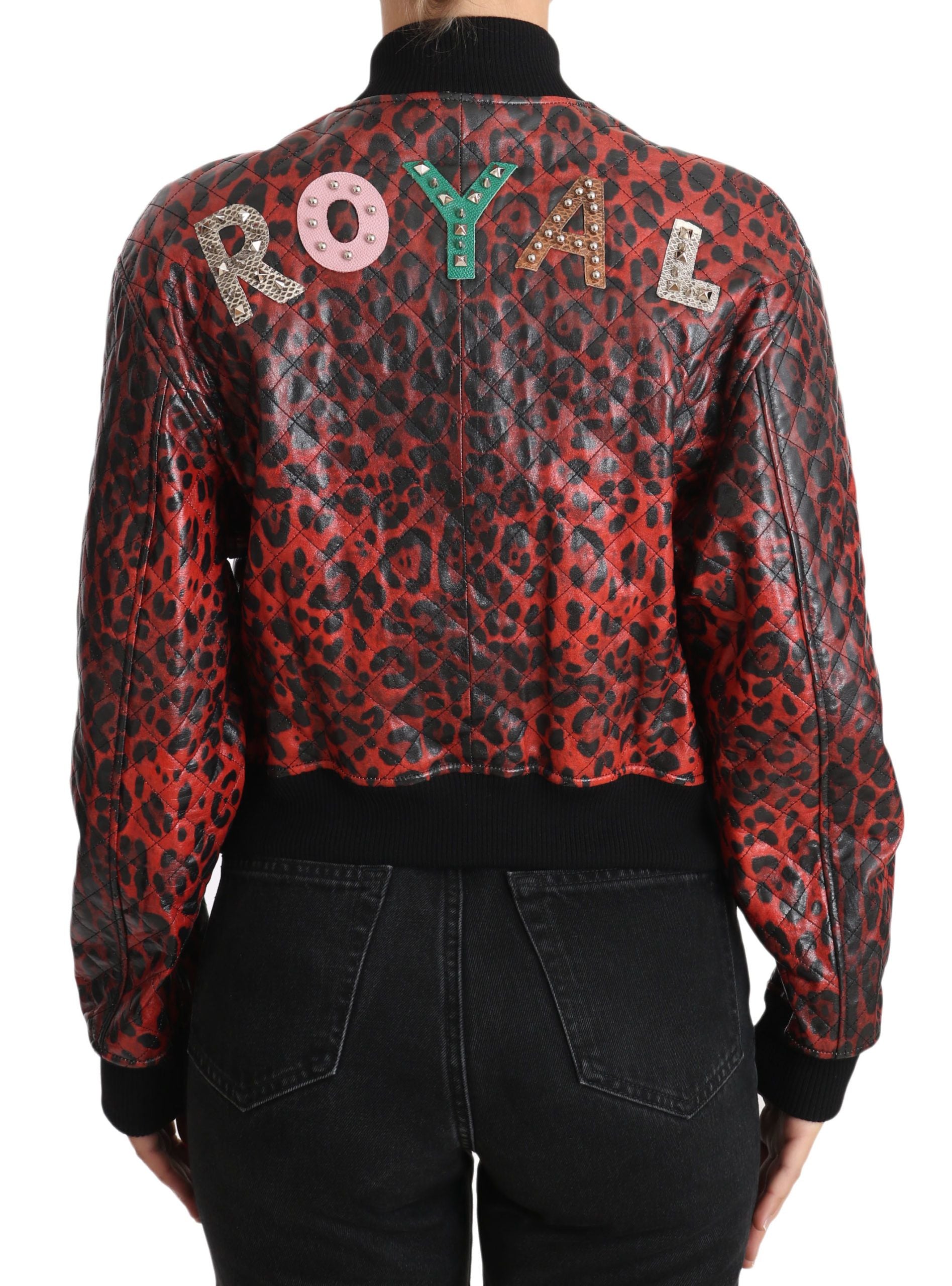 Dolce & Gabbana – Rote Bomberjacke aus Leder mit Leopardenmuster und Kristallknöpfen