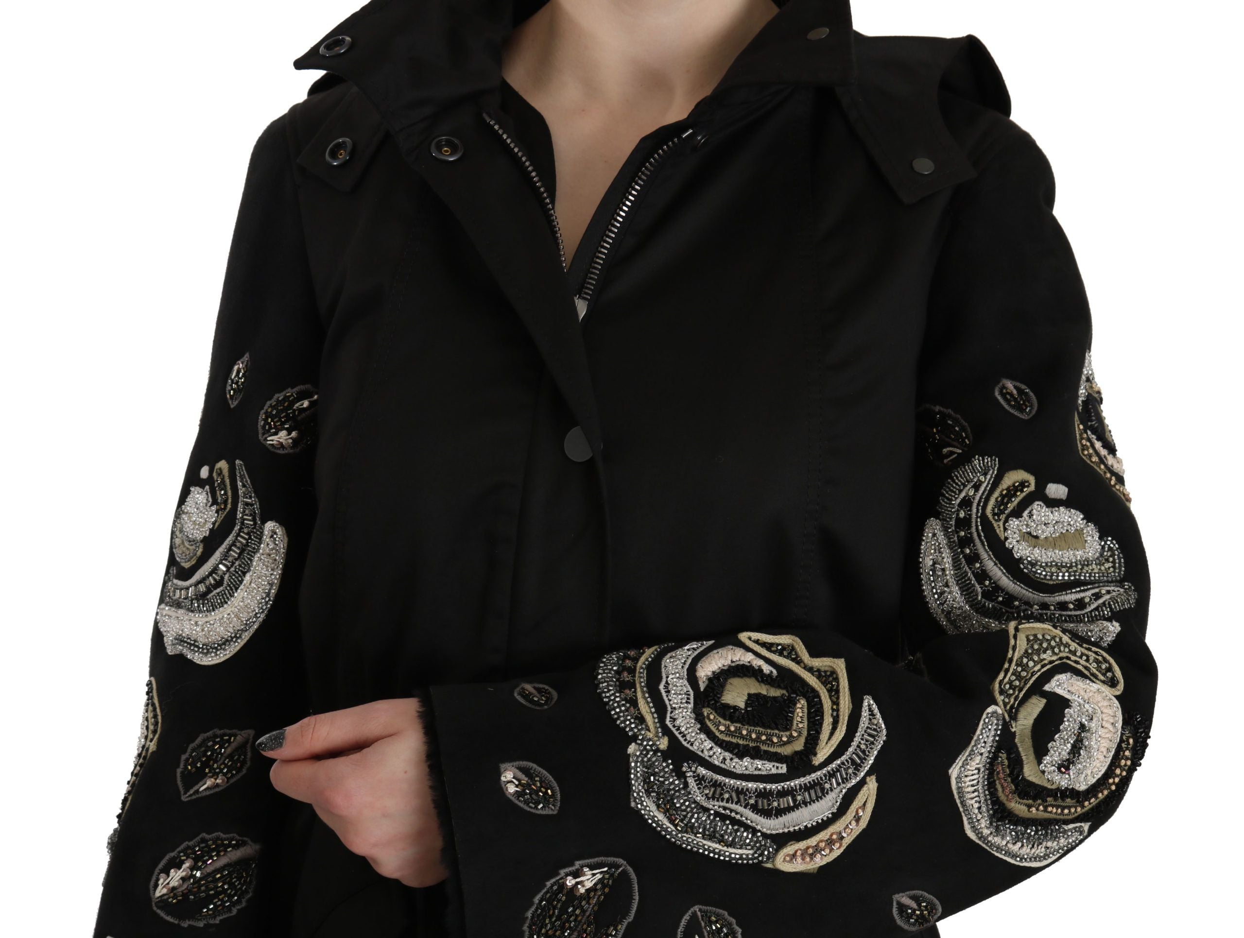 John Richmond – Elegante schwarze Parkajacke mit Perlenbesatz für Damen