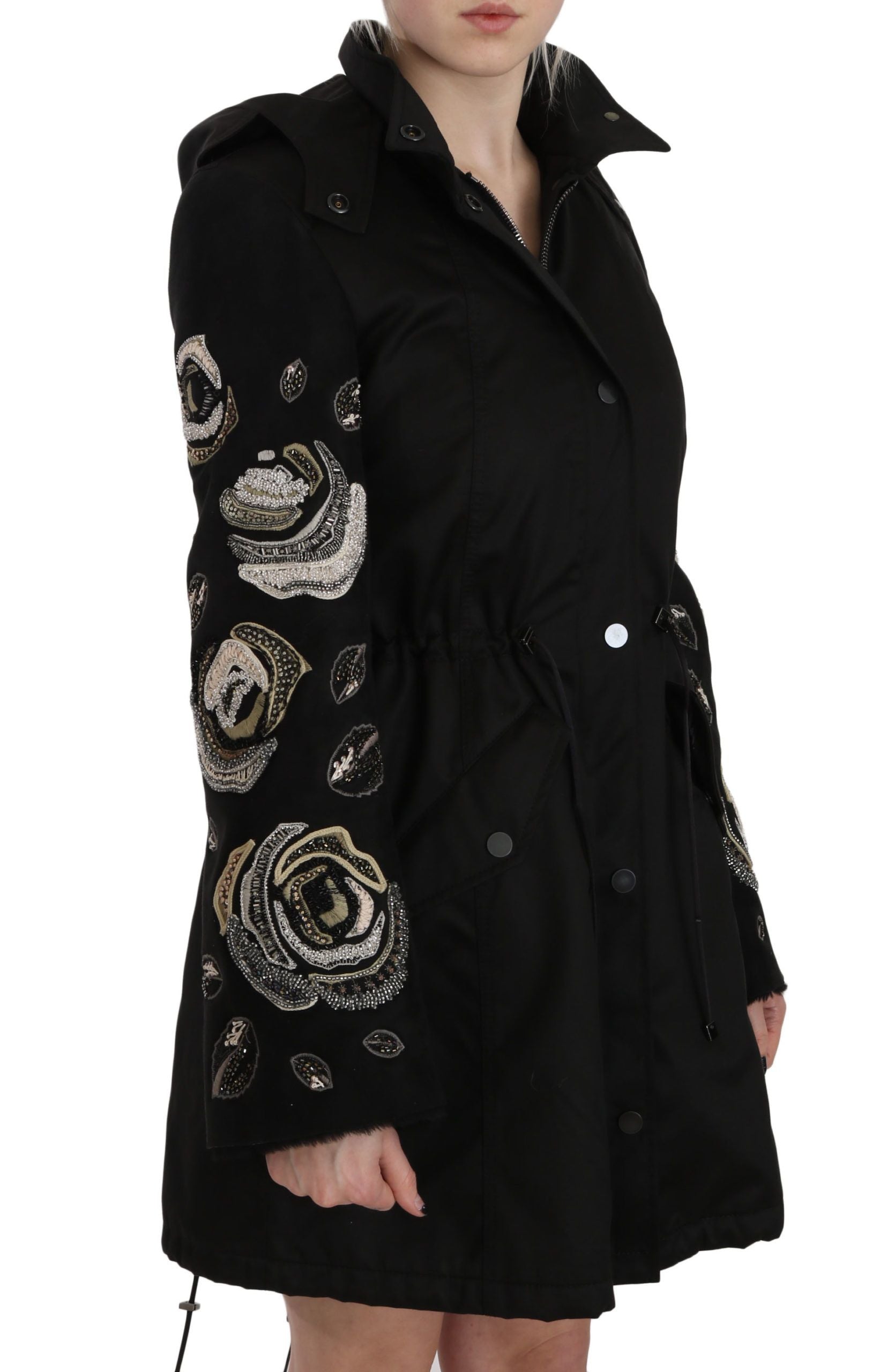 John Richmond – Elegante schwarze Parkajacke mit Perlenbesatz für Damen