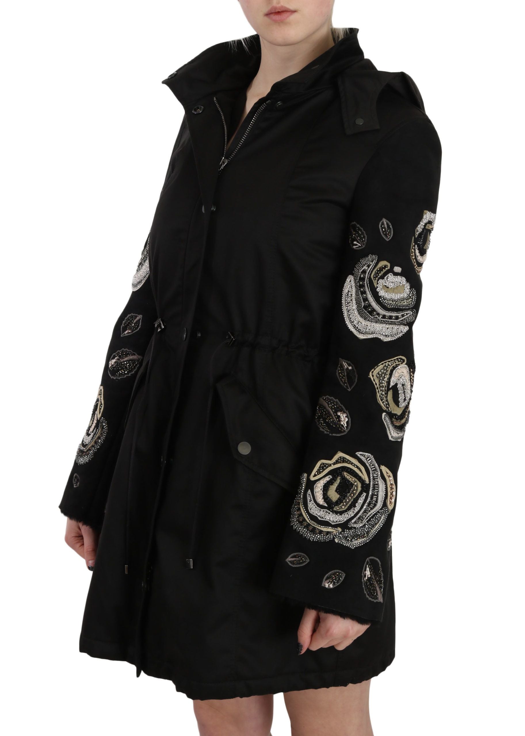 John Richmond – Elegante schwarze Parkajacke mit Perlenbesatz für Damen