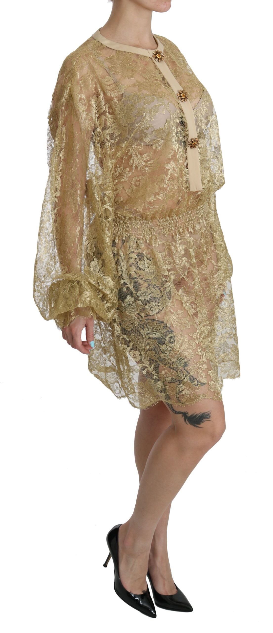 Dolce & Gabbana – Elegantes, knielanges A-Linien-Kleid aus goldener Spitze