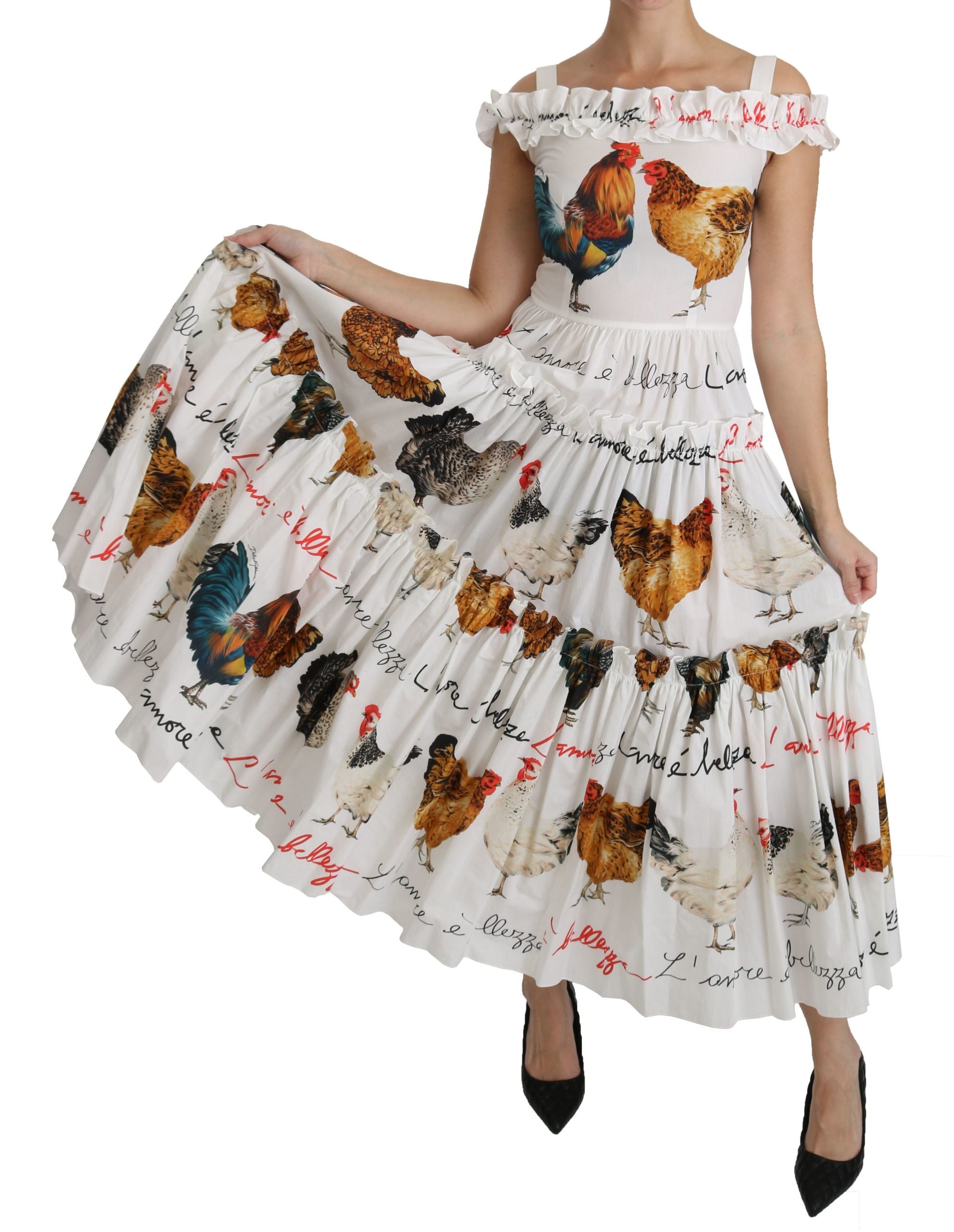 Dolce & Gabbana – Elegantes weißes Midi-Etuikleid mit Hahnendruck