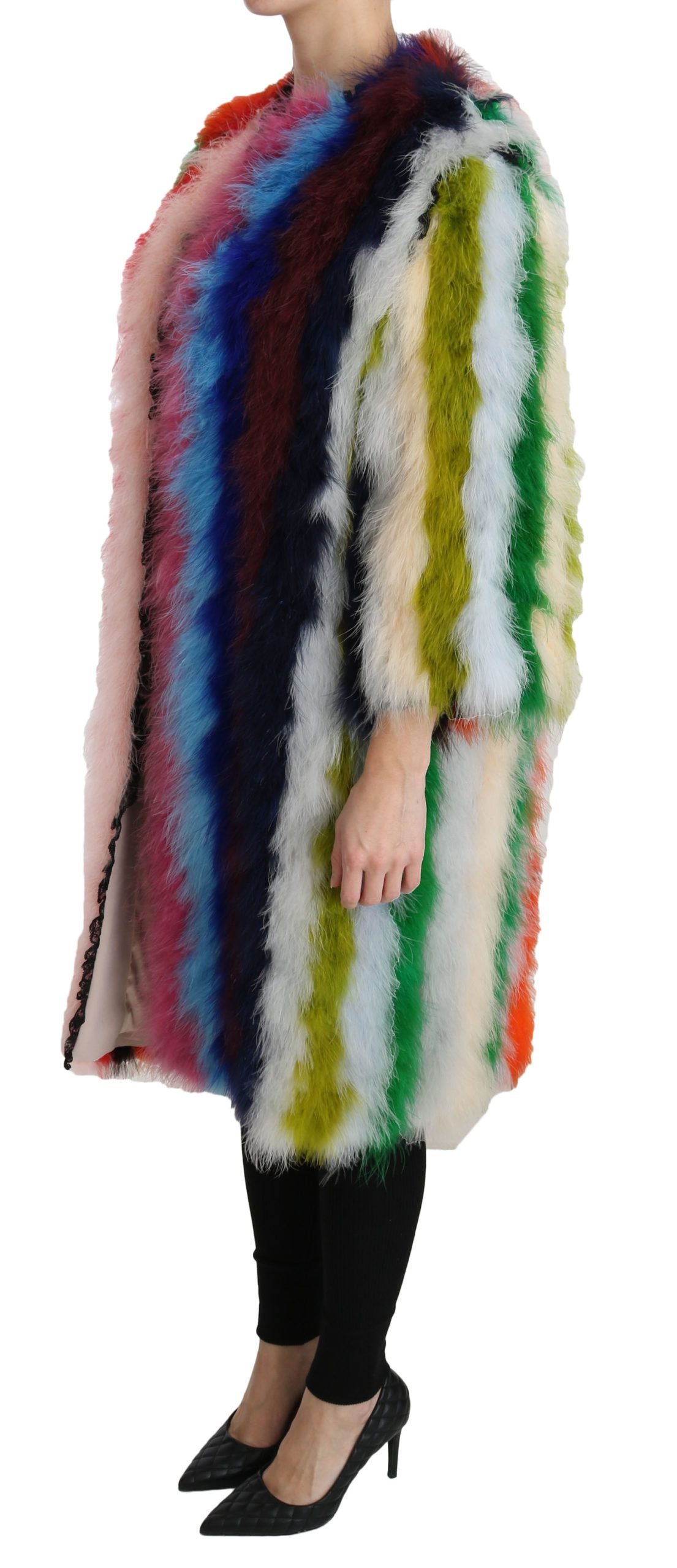Dolce & Gabbana Elegante mehrfarbige lange Manteljacke mit Federn