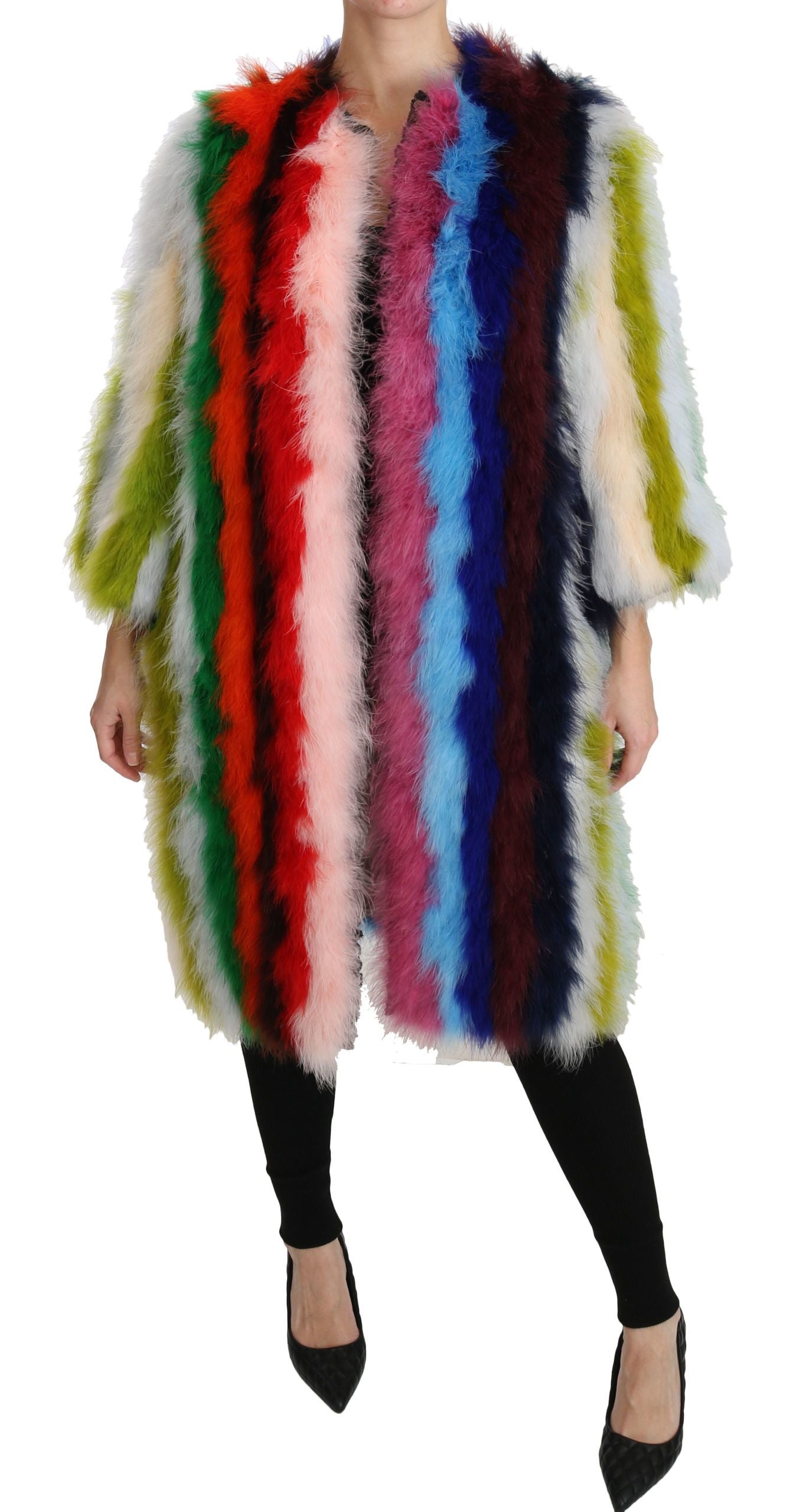 Dolce & Gabbana Elegante mehrfarbige lange Manteljacke mit Federn