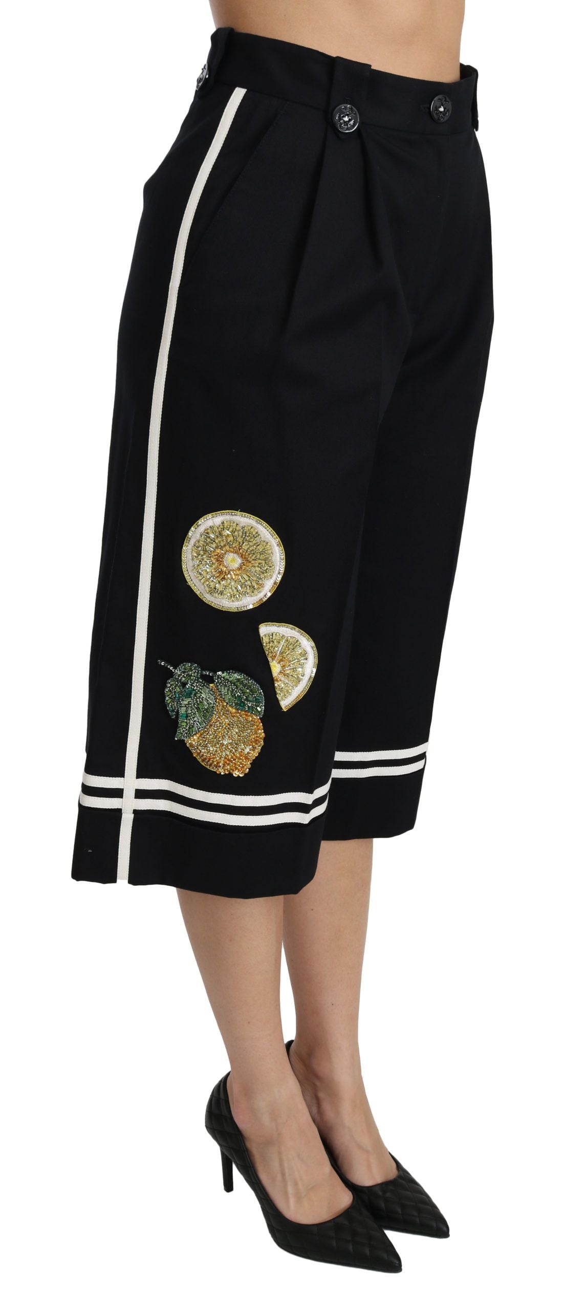 Dolce & Gabbana – Palazzo-Hose mit hoher Taille und verkürzter Länge in Schwarz-Zitronengelb