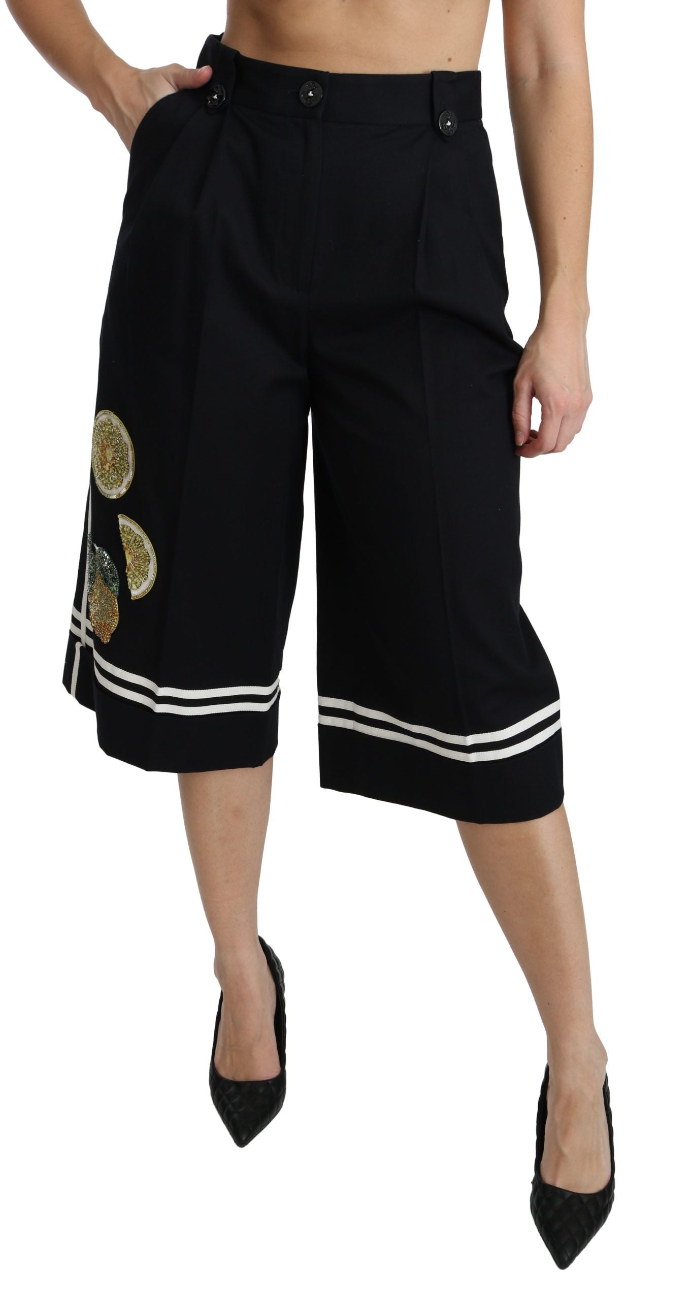 Dolce & Gabbana – Palazzo-Hose mit hoher Taille und verkürzter Länge in Schwarz-Zitronengelb