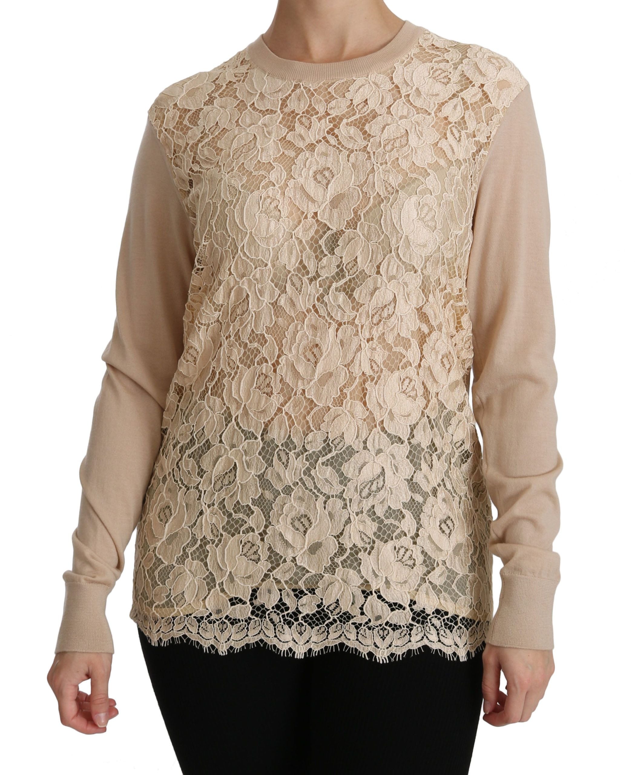 Dolce & Gabbana – Elegante Kaschmirbluse mit Rundhalsausschnitt und Spitze in Beige