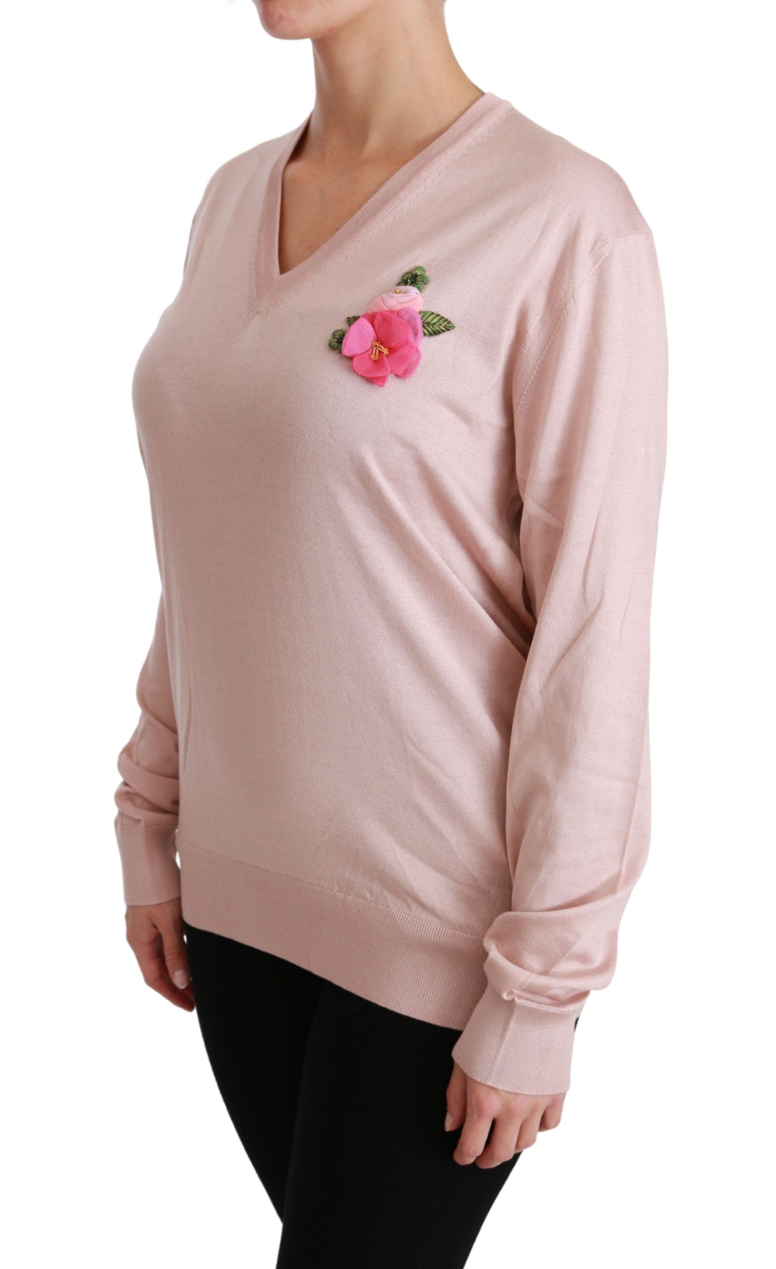 Dolce & Gabbana – Rosa Seidenpullover mit V-Ausschnitt und Blumenmuster