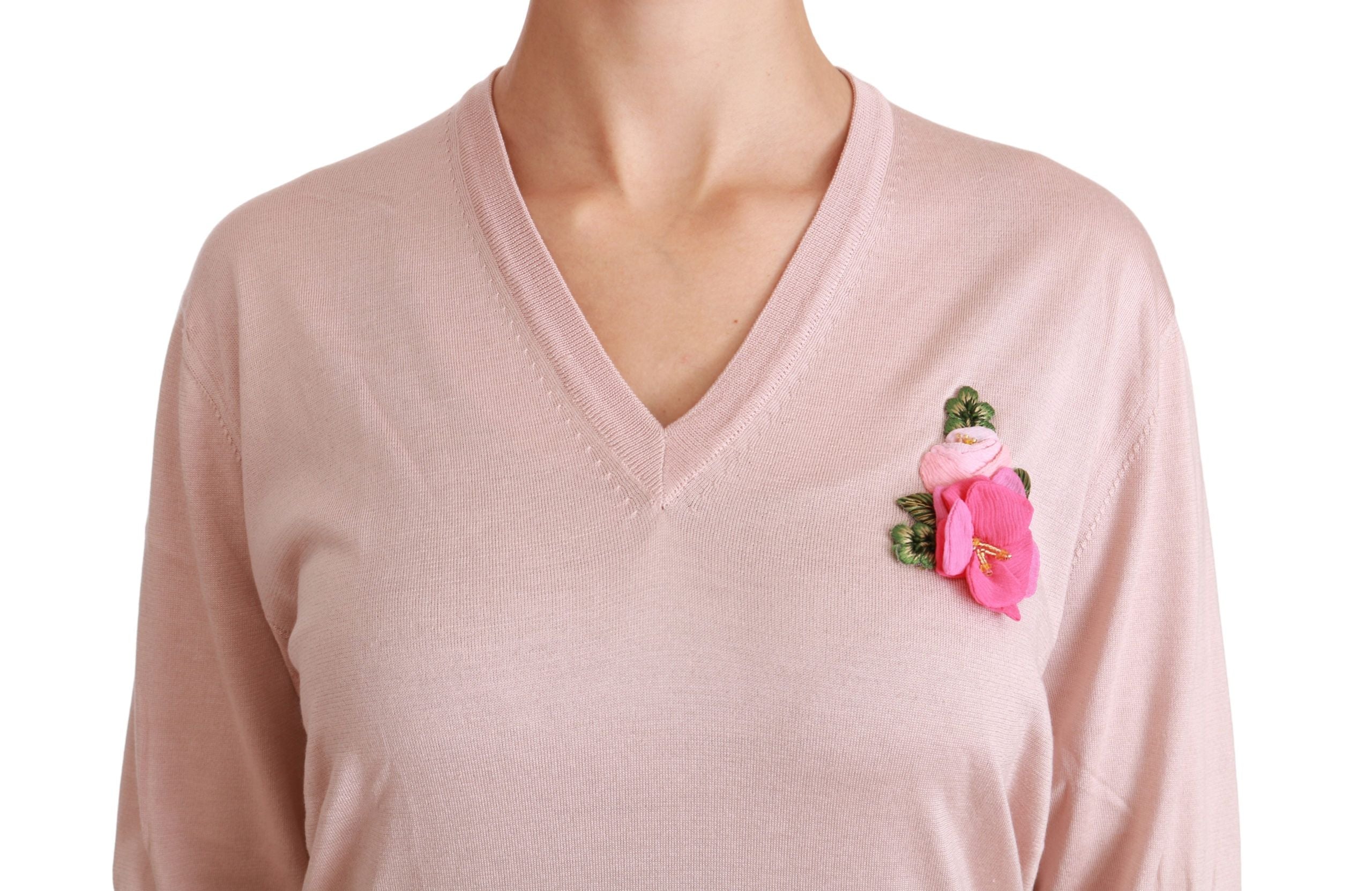 Dolce & Gabbana – Rosa Seidenpullover mit V-Ausschnitt und Blumenmuster