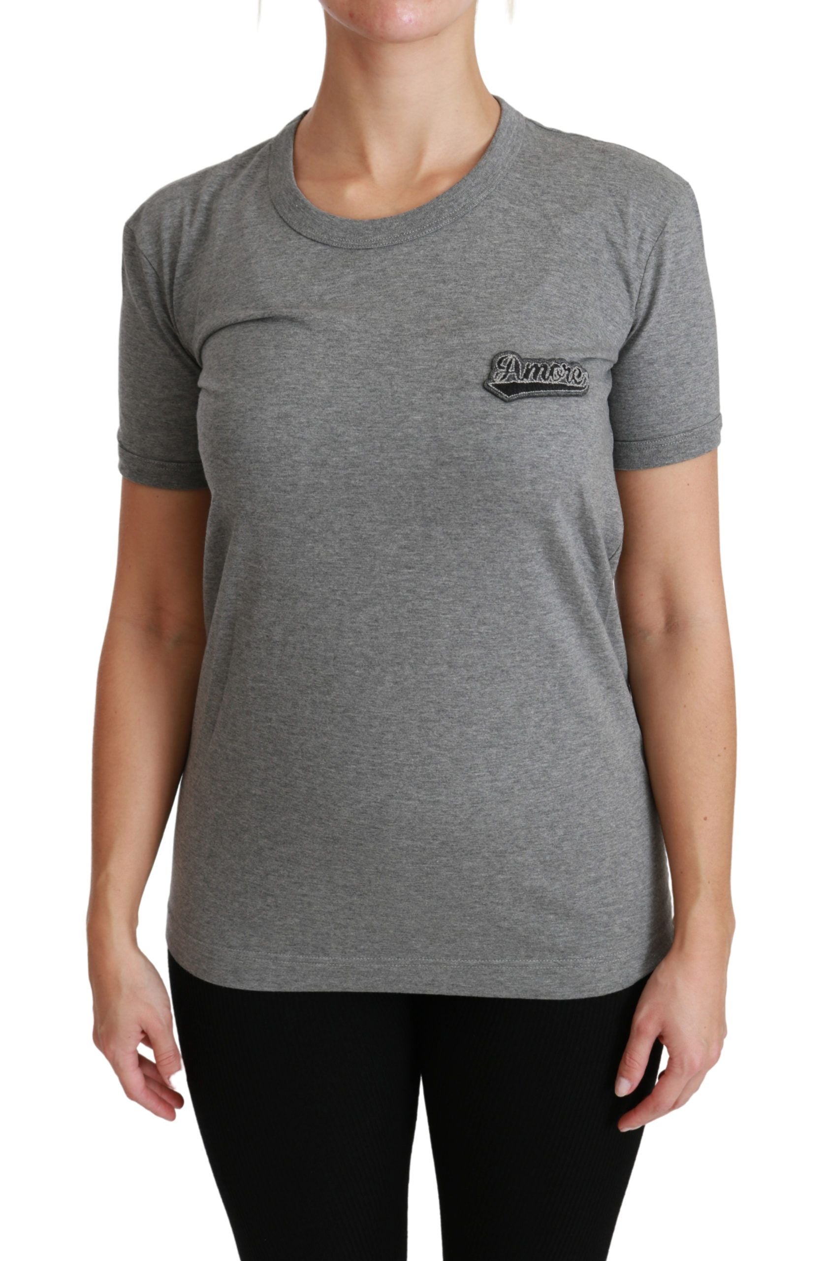 Dolce & Gabbana Chic Graues Rundhals-T-Shirt mit Amore-Patch