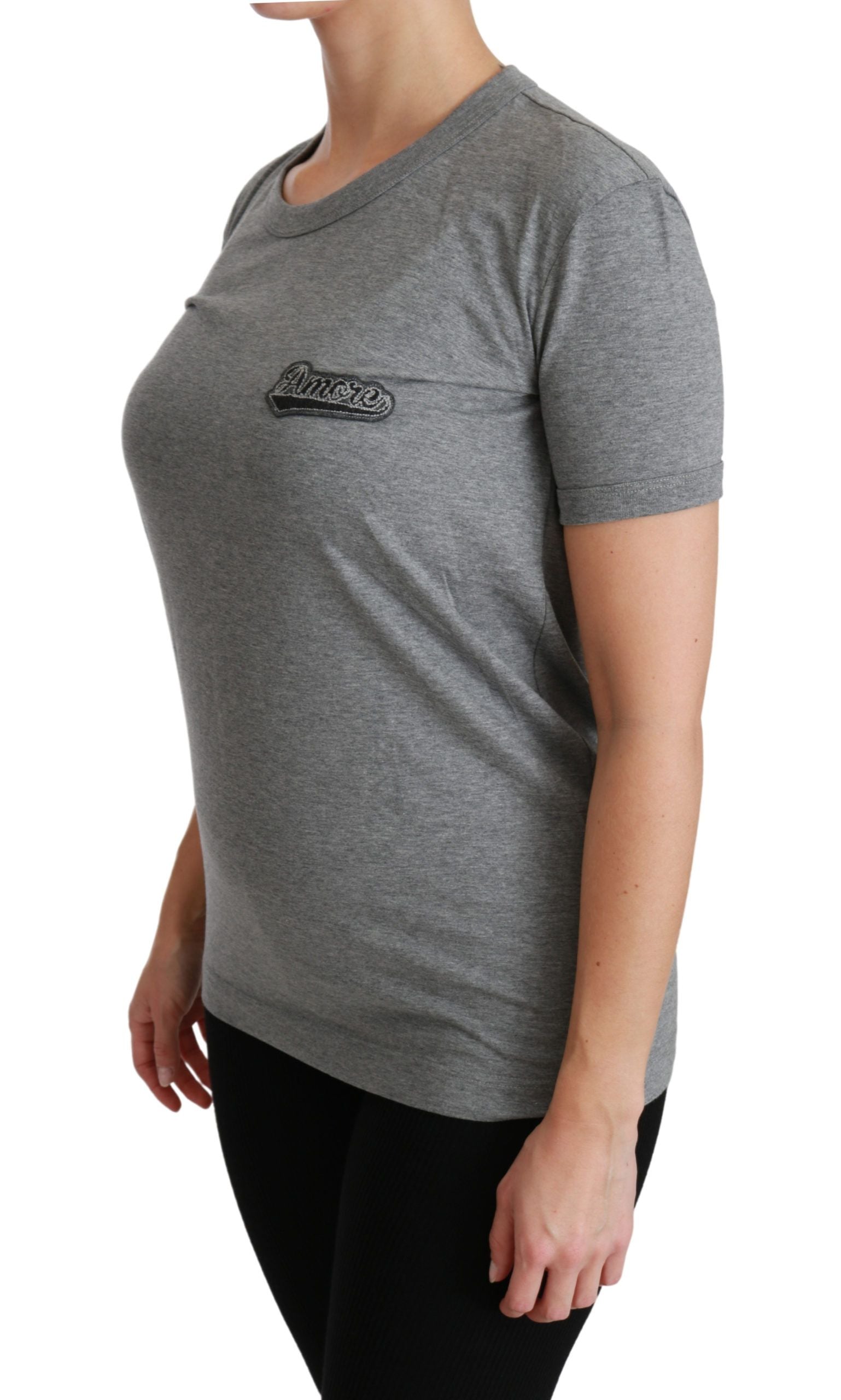 Dolce & Gabbana Chic Graues Rundhals-T-Shirt mit Amore-Patch