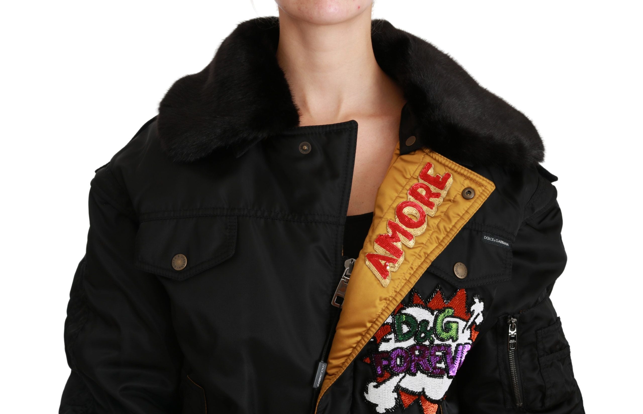 Dolce & Gabbana Elegante schwarze Bomberjacke mit abnehmbaren Details
