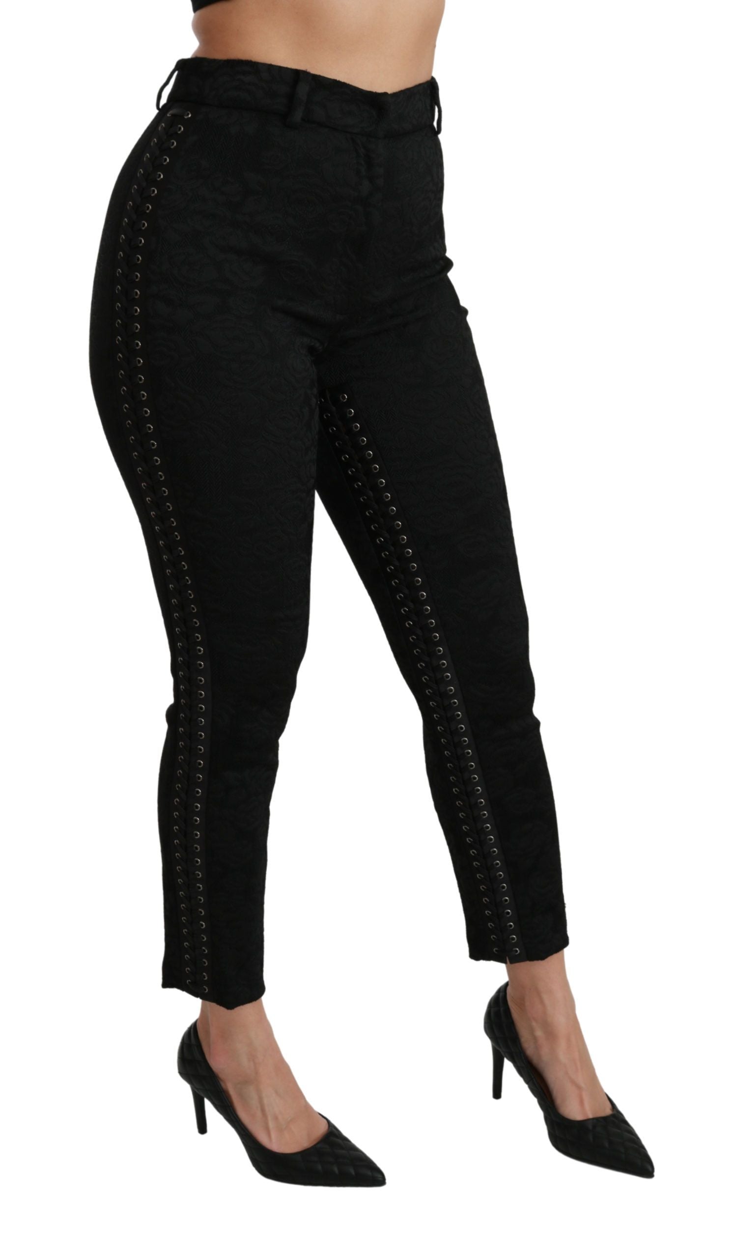 Dolce & Gabbana Elegante Skinny-Hose aus schwarzem Brokat mit hoher Taille