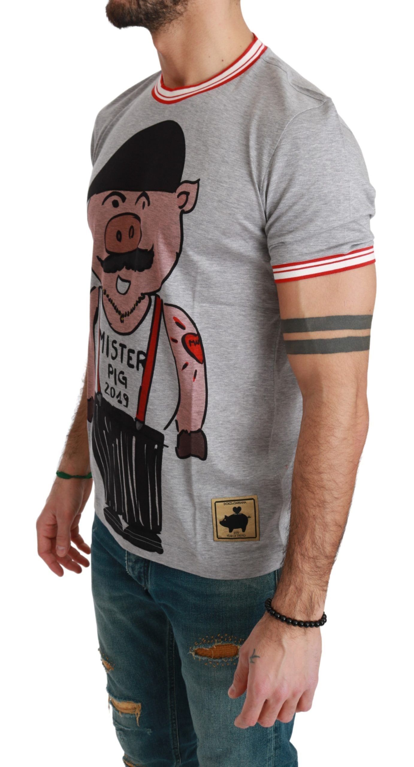 Dolce & Gabbana Schickes graues Baumwoll-T-Shirt mit Year of the Pig-Motiv