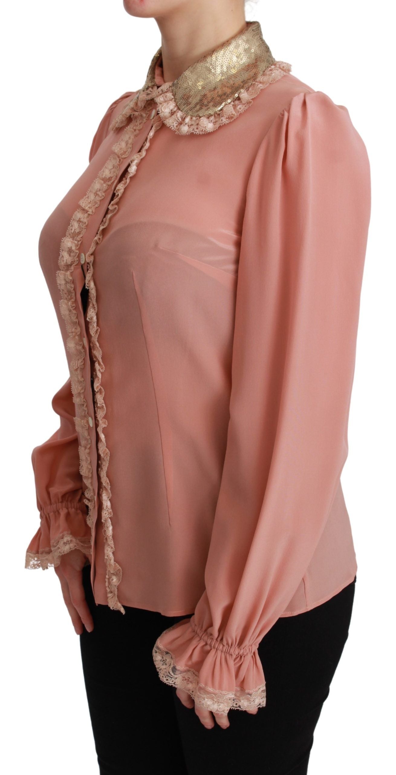 Dolce & Gabbana Elegante rosa Spitzen-Seidenbluse mit goldenen Pailletten