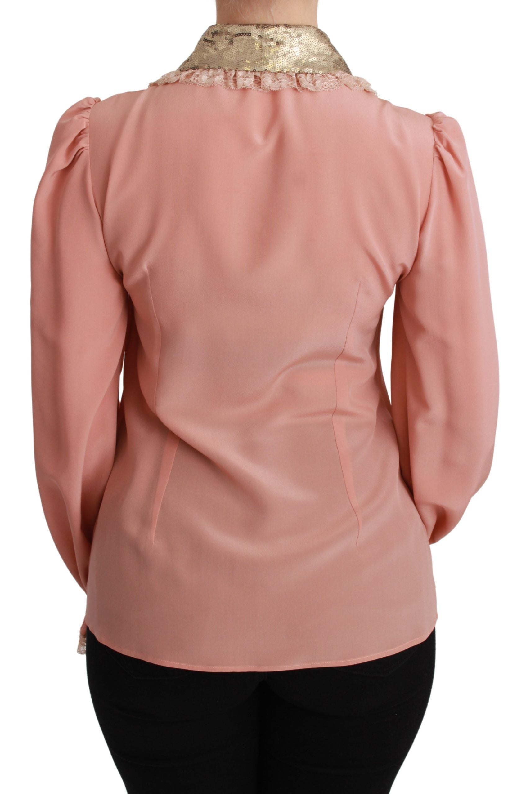 Dolce & Gabbana Elegante rosa Spitzen-Seidenbluse mit goldenen Pailletten