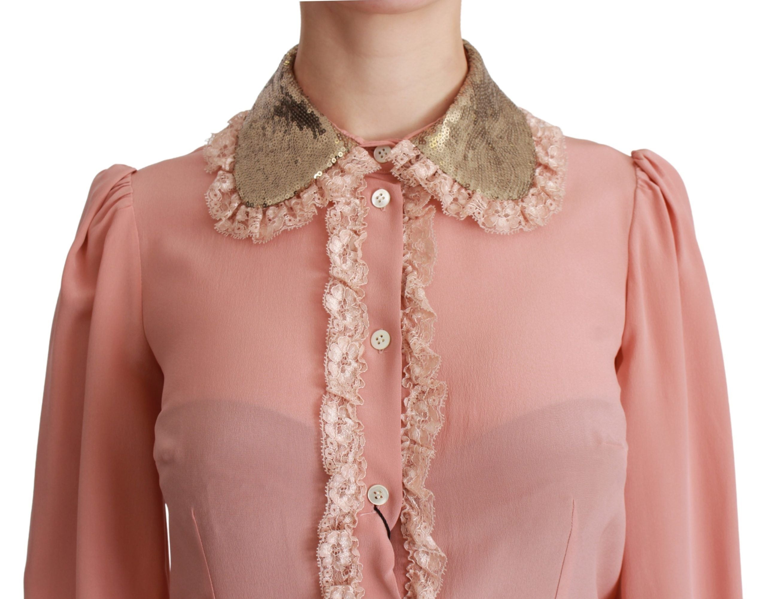 Dolce & Gabbana Elegante rosa Spitzen-Seidenbluse mit goldenen Pailletten