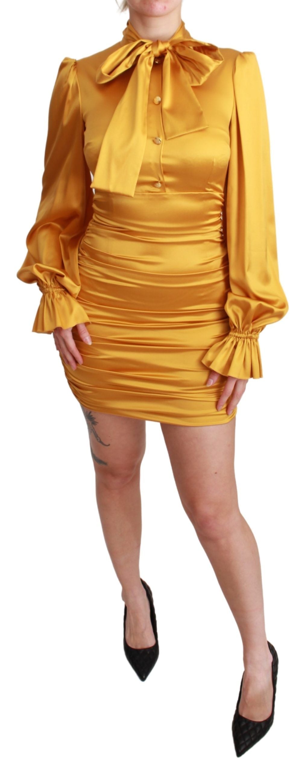Rochie mini mulată din mătase galbenă radiantă Dolce & Gabbana