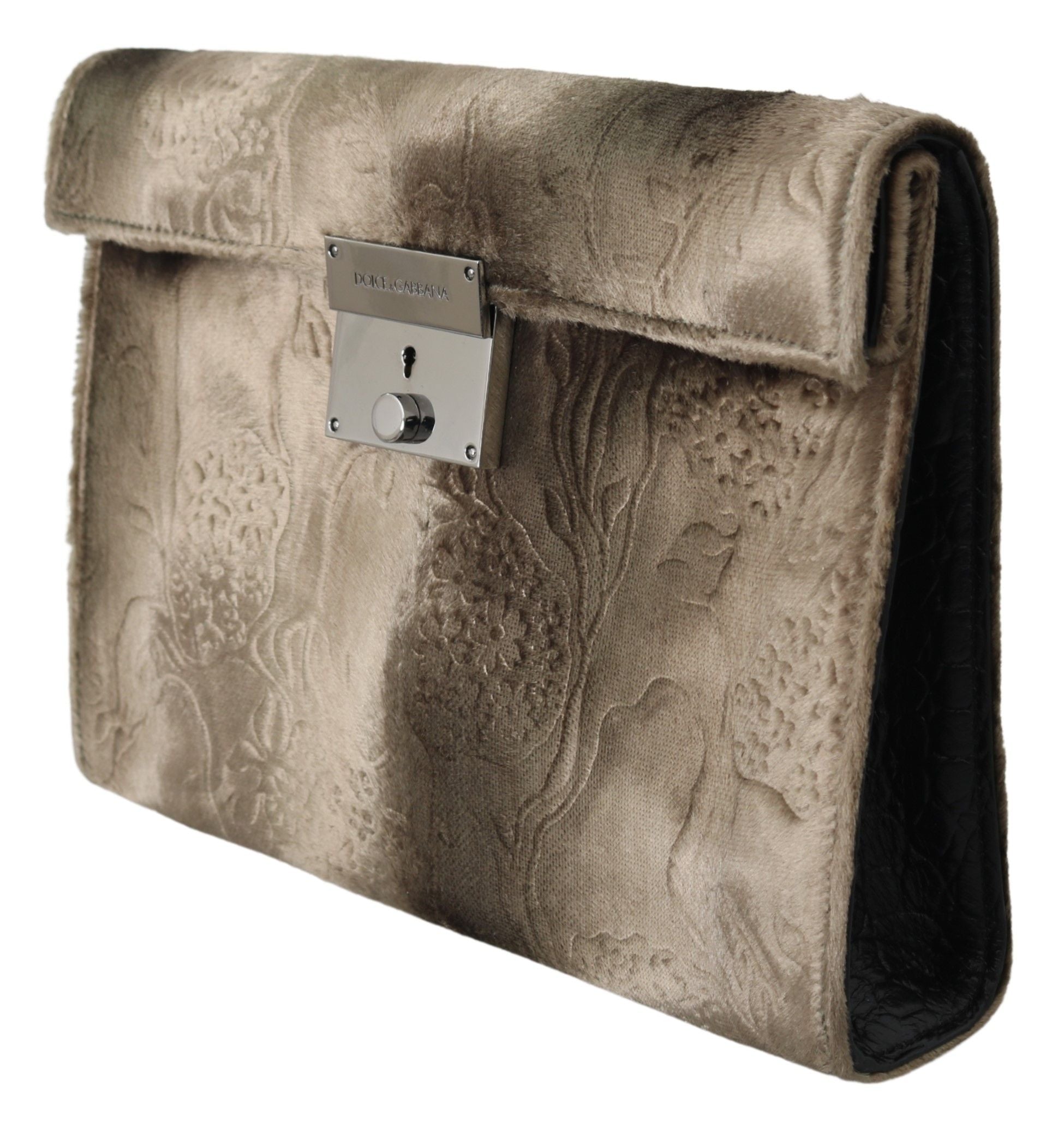 Dolce & Gabbana Beige Aktentasche aus Samt mit Kroko-Print