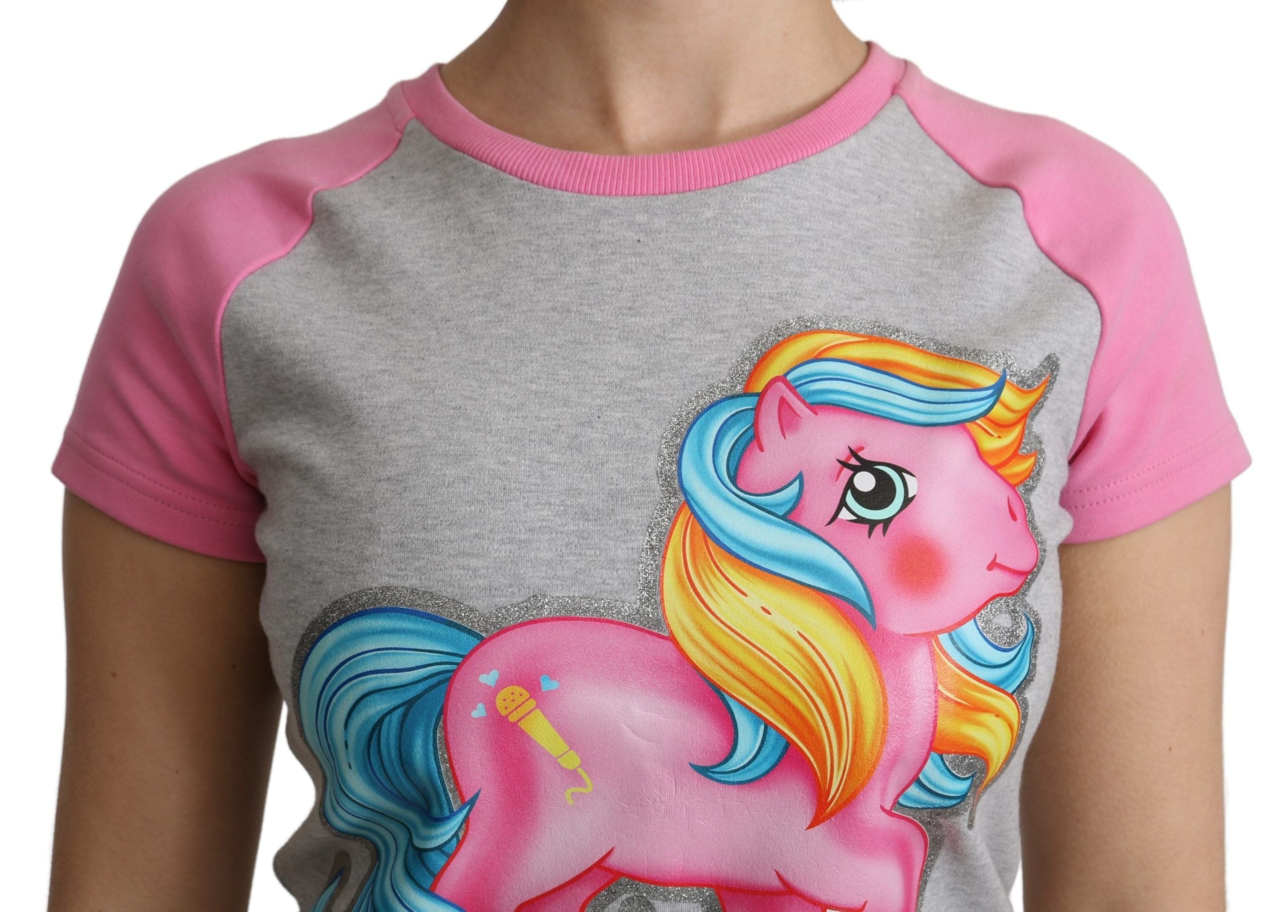 Tricou Moschino Chic gri din bumbac cu guler rotund și accente roz