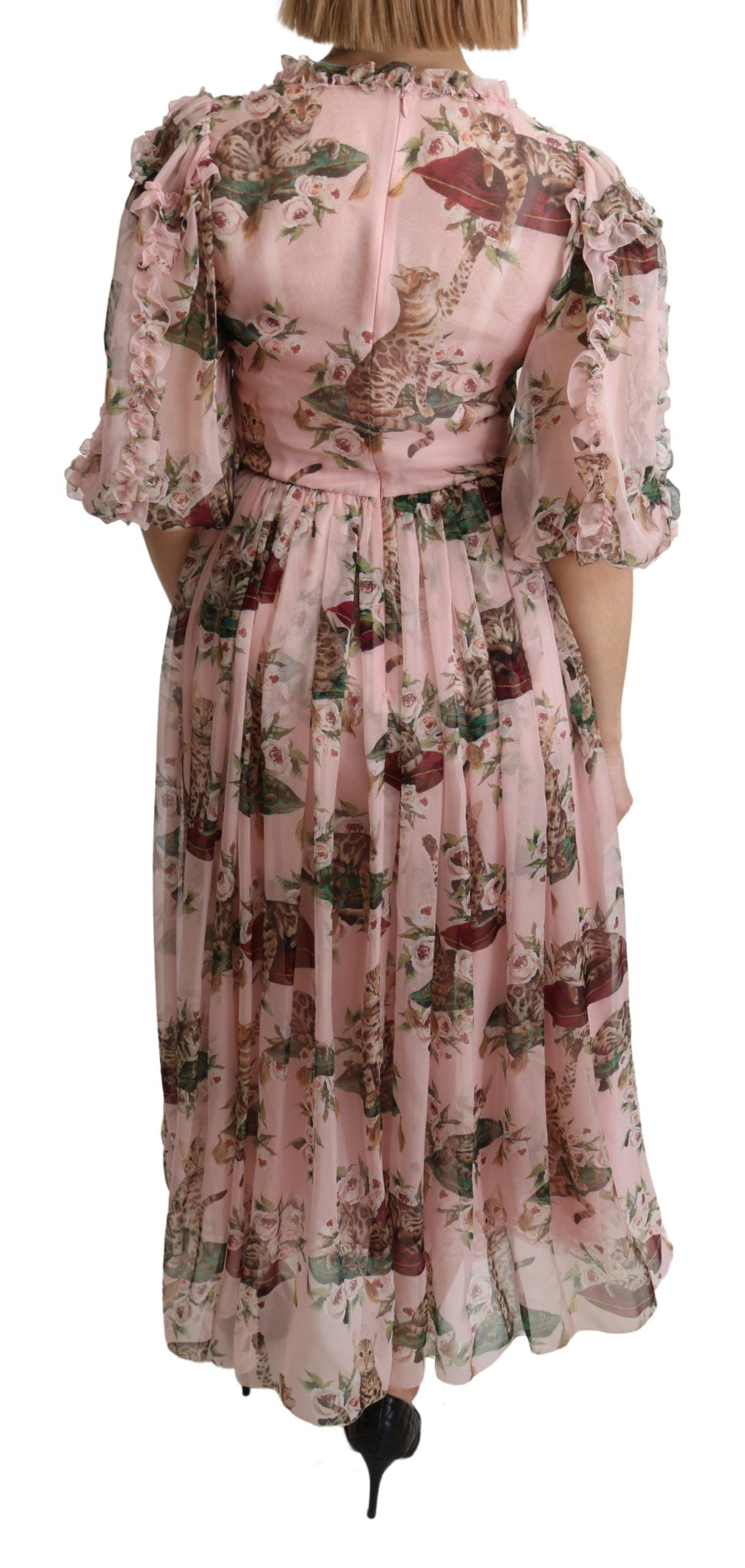 Dolce & Gabbana – Elegantes Maxikleid in A-Linie mit rosa Bengalkatzen-Print