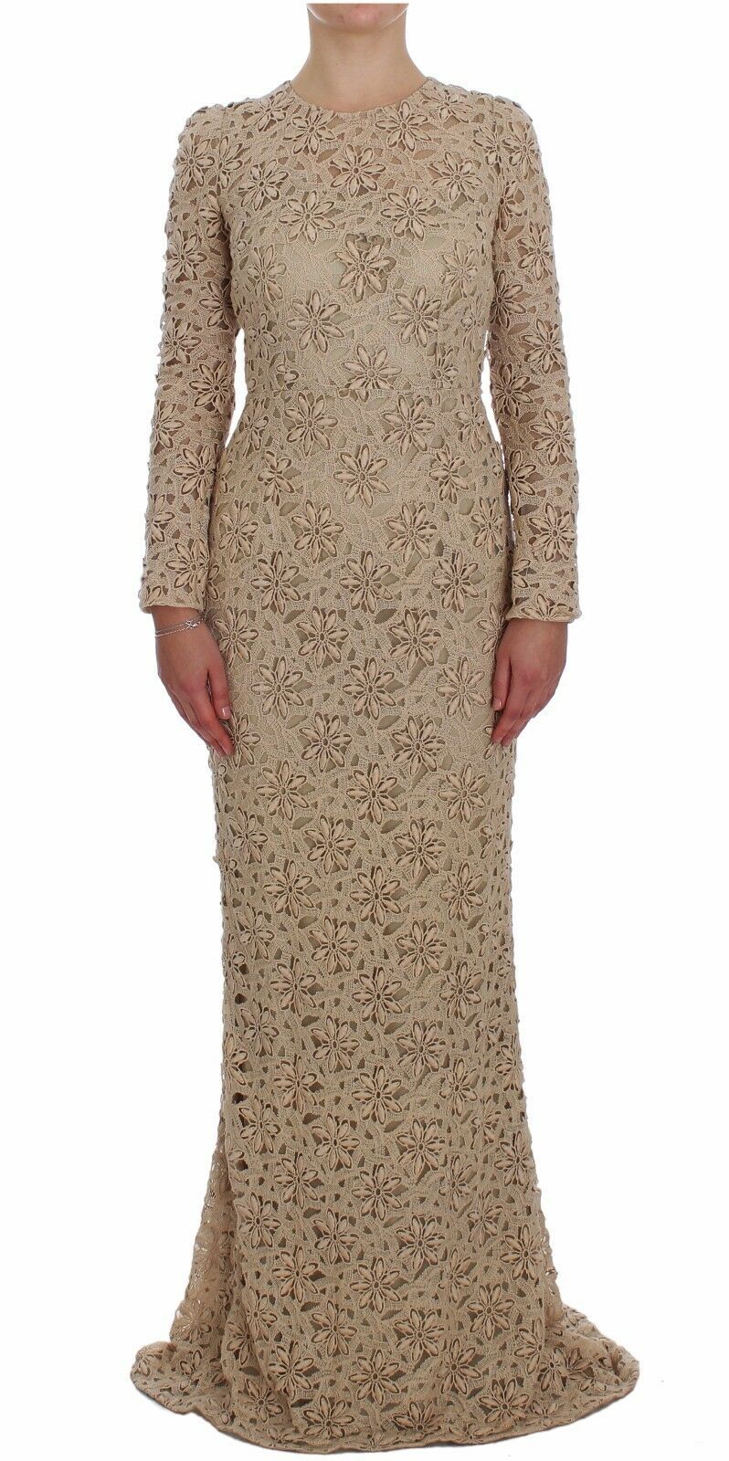 Rochie maxi cu mânecă lungă și imprimeu floral bej Dolce & Gabbana