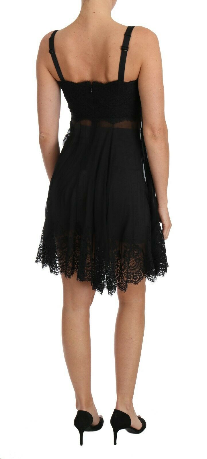 Dolce & Gabbana – Elegantes schwarzes Chemise-Kleid aus geblümter Seide und Spitze