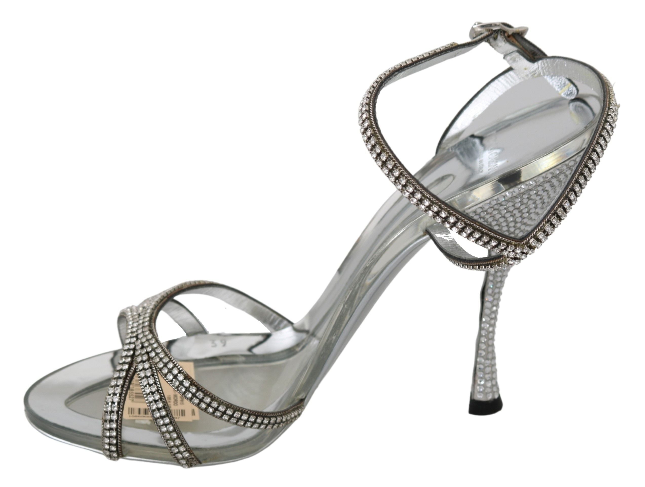 Dolce & Gabbana – Silberne Sandalen aus Leder mit Knöchelriemen und Kristallen