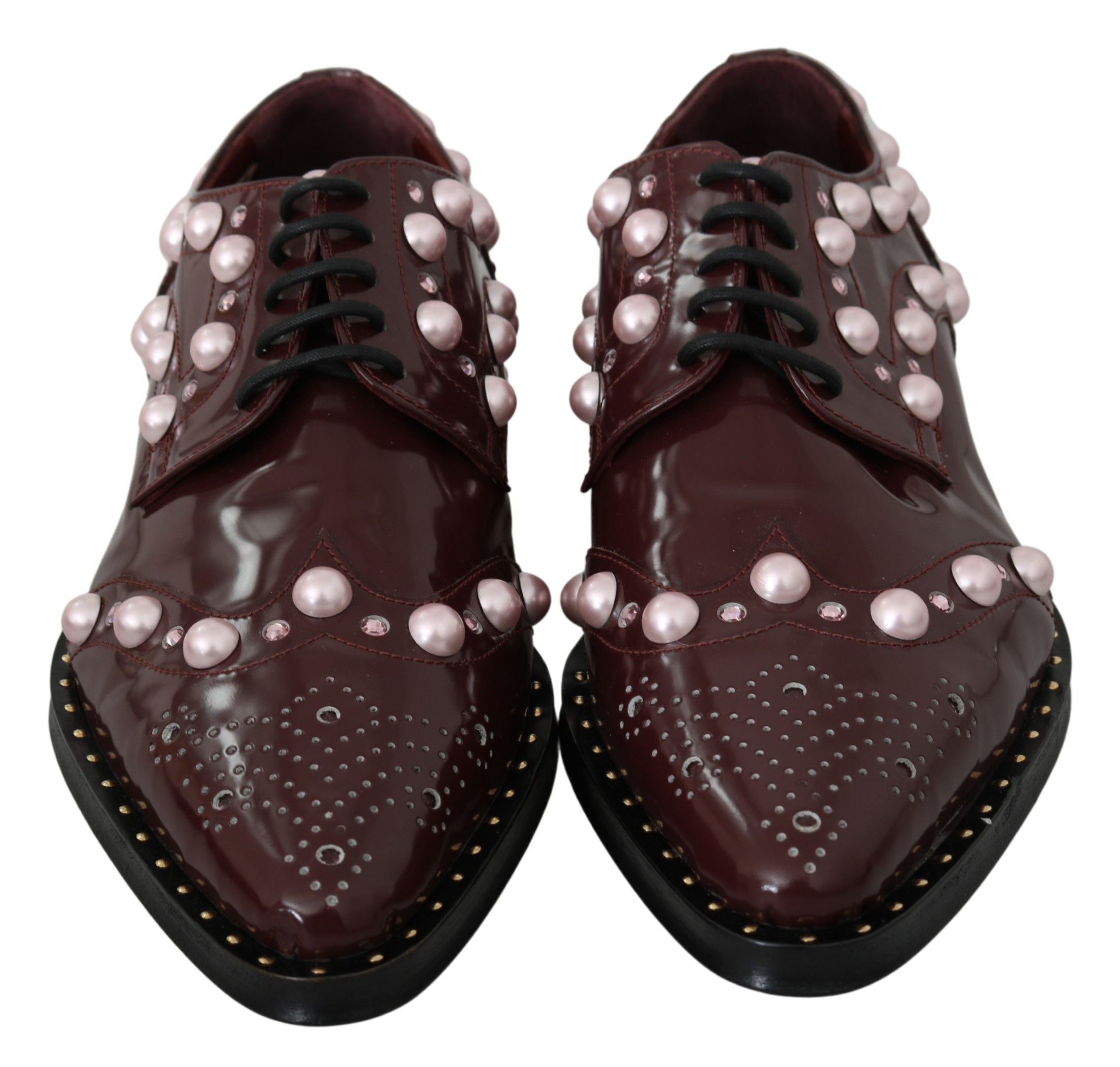 Dolce & Gabbana Elegante Bordeaux-Schnürschuhe mit Perlen und Kristallen