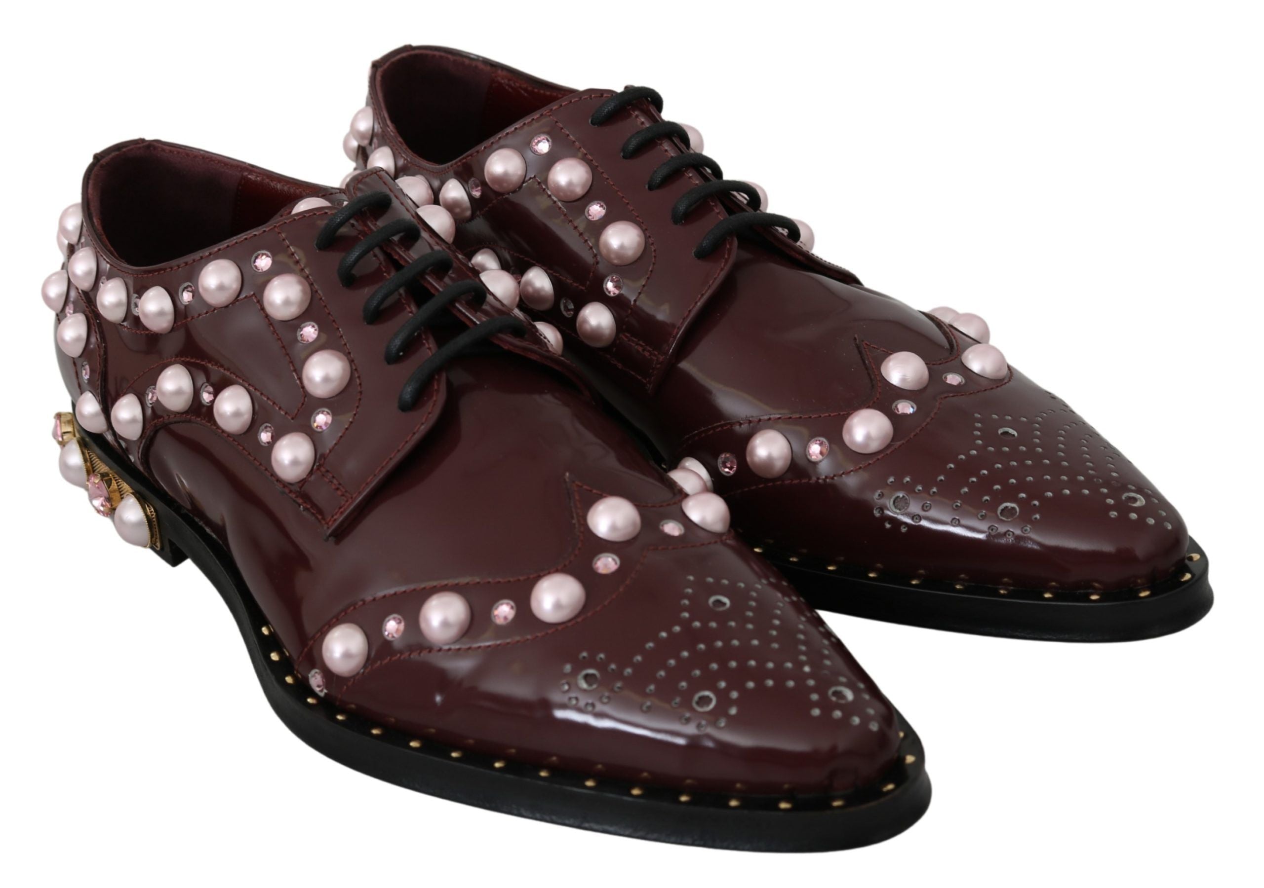 Dolce & Gabbana Elegante Bordeaux-Schnürschuhe mit Perlen und Kristallen