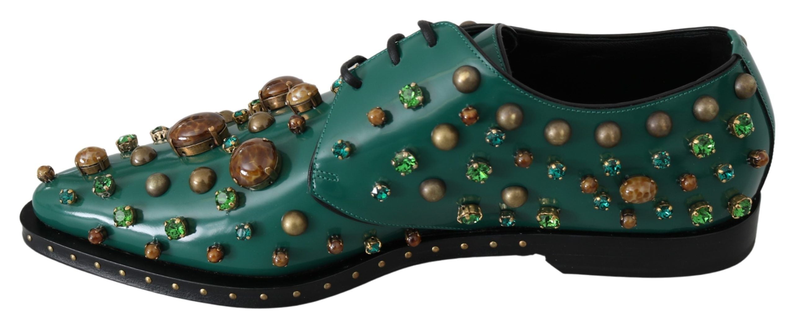 Dolce & Gabbana – Smaragdgrüne Lederschuhe mit Kristallakzenten