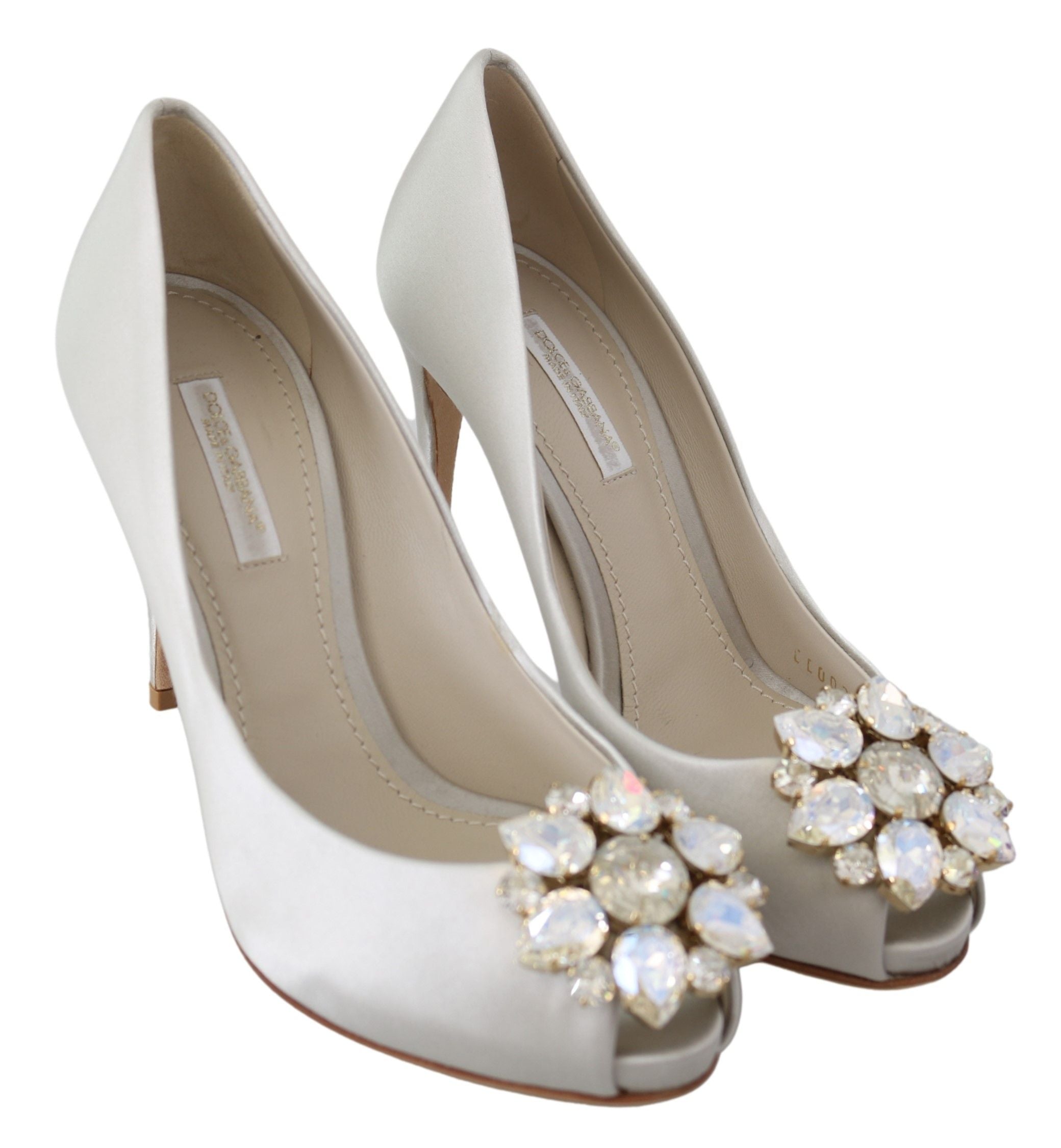 Pantofi cu toc Dolce & Gabbana din amestec de mătase, cu vârf peep-toe și cristale albe