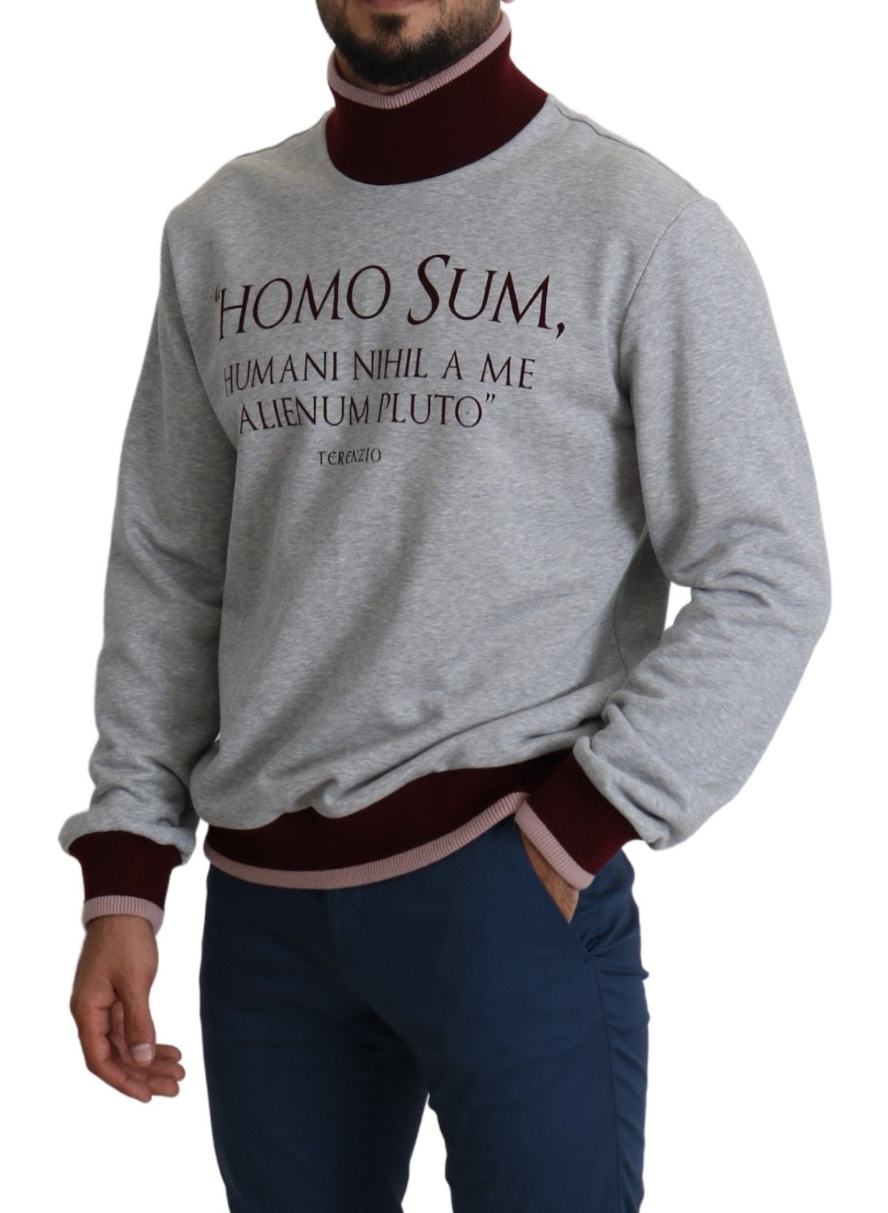 Pulover elegant Dolce & Gabbana gri cu guler înalt și motiv latin