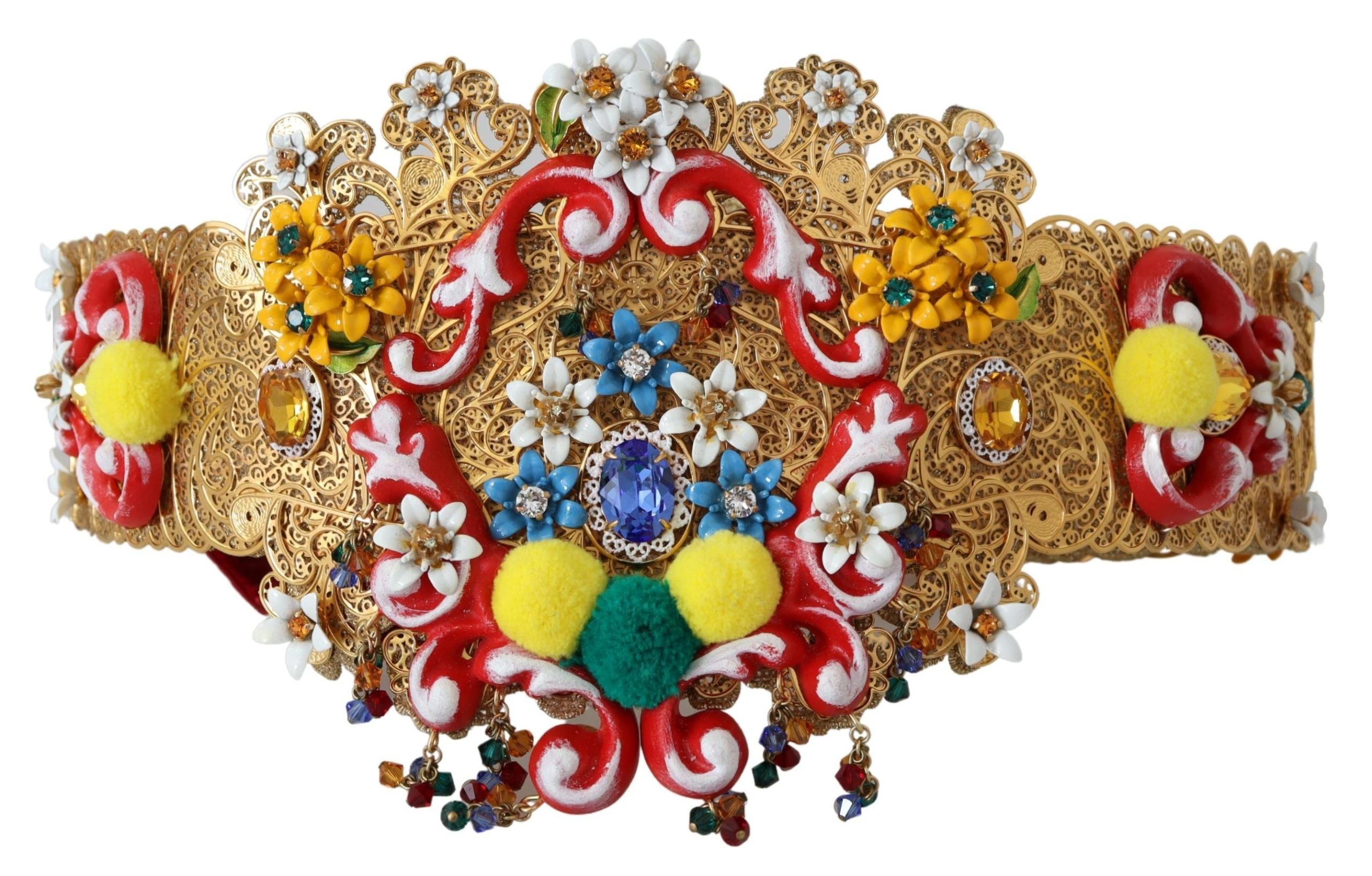 Dolce & Gabbana – Goldfarbener Taillengürtel mit Blumen- und Kristallmotiv