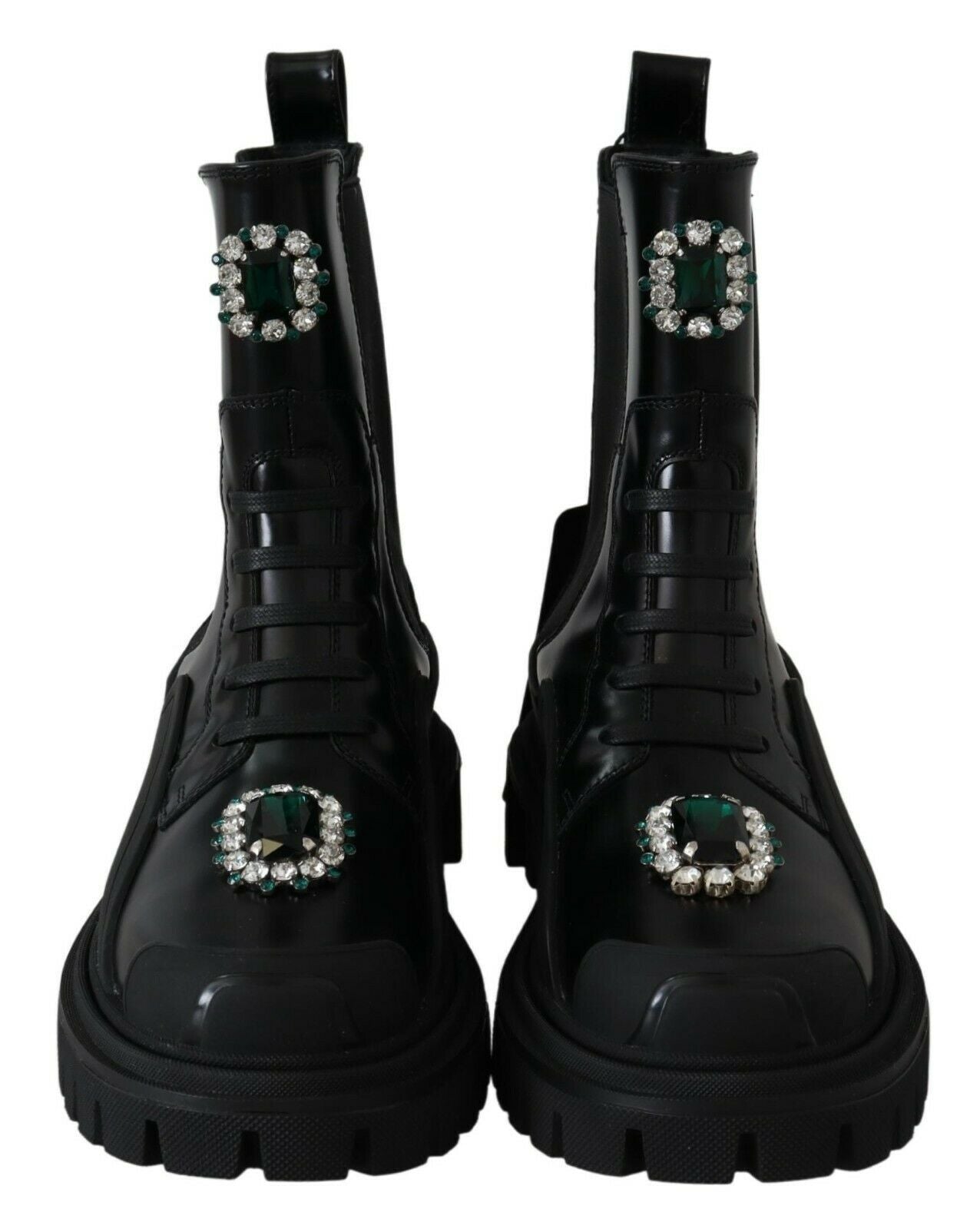 Dolce & Gabbana Elegante schwarze Kampfstiefel aus Leder mit Kristalldetail