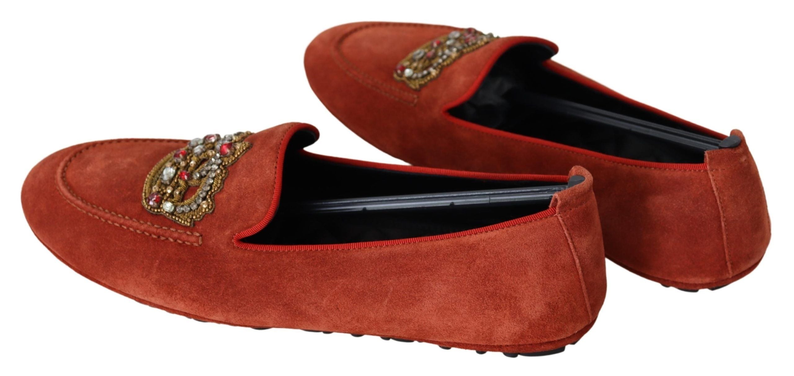 Dolce & Gabbana – Opulente orangefarbene Leder-Loafer mit Goldstickerei