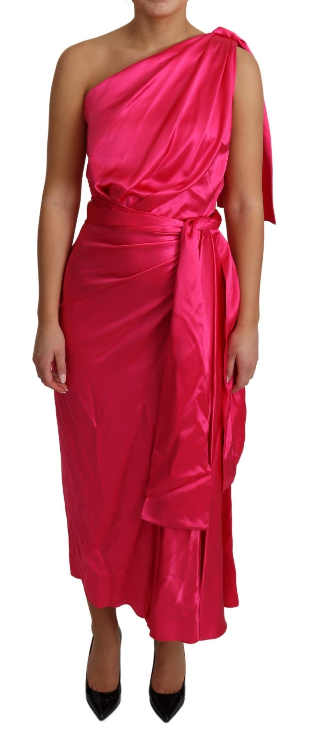Rochie elegantă Dolce & Gabbana fuchsia din mătase, cu un singur umăr, înfășurată