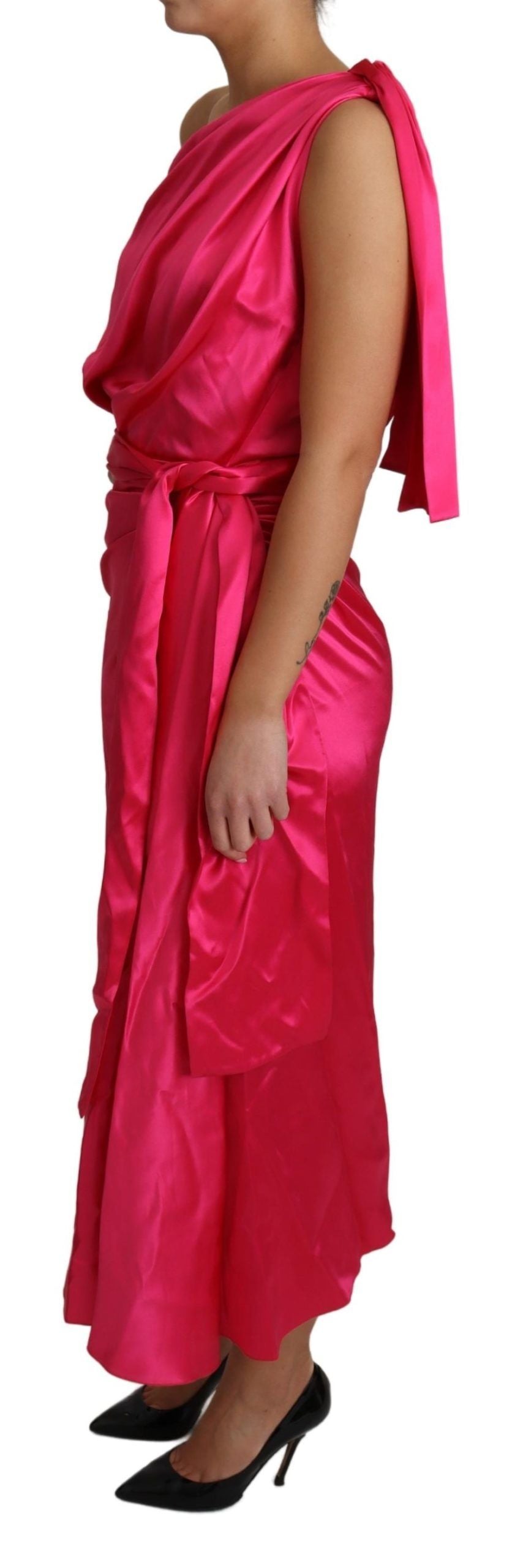 Rochie elegantă Dolce & Gabbana fuchsia din mătase, cu un singur umăr, înfășurată