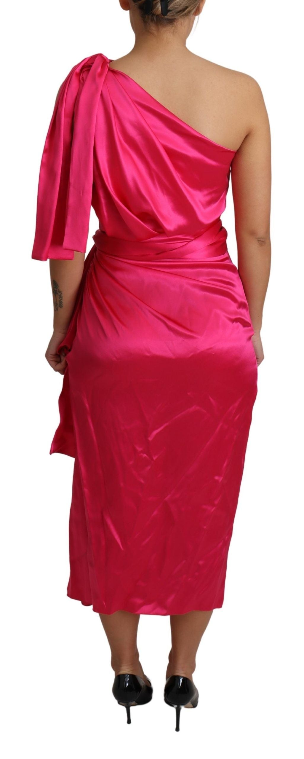 Rochie elegantă Dolce & Gabbana fuchsia din mătase, cu un singur umăr, înfășurată