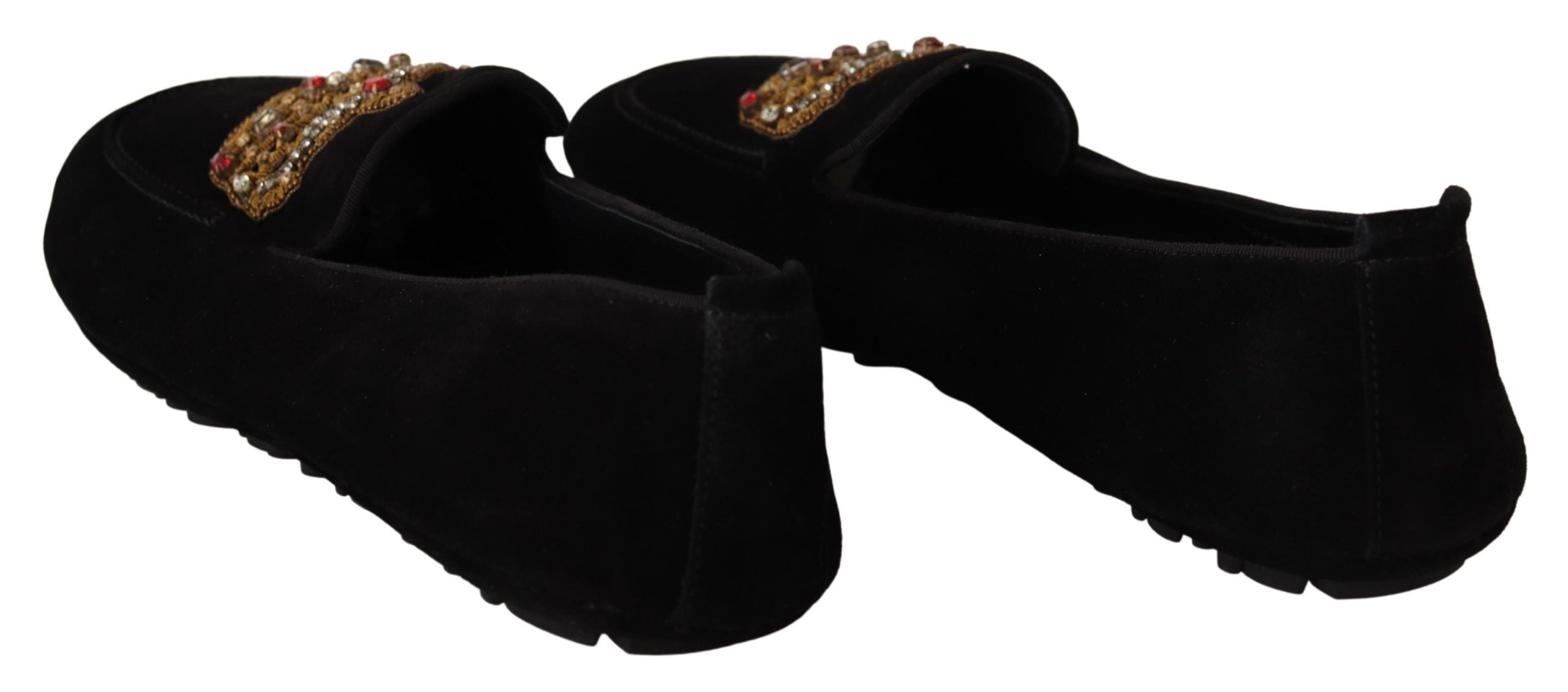 Dolce & Gabbana – Elegante Loafer-Slides aus schwarzem Leder mit goldener Stickerei