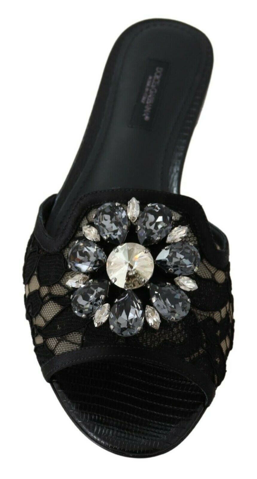 Dolce & Gabbana Sandale elegante negre din dantelă cu detalii florale bijuterie