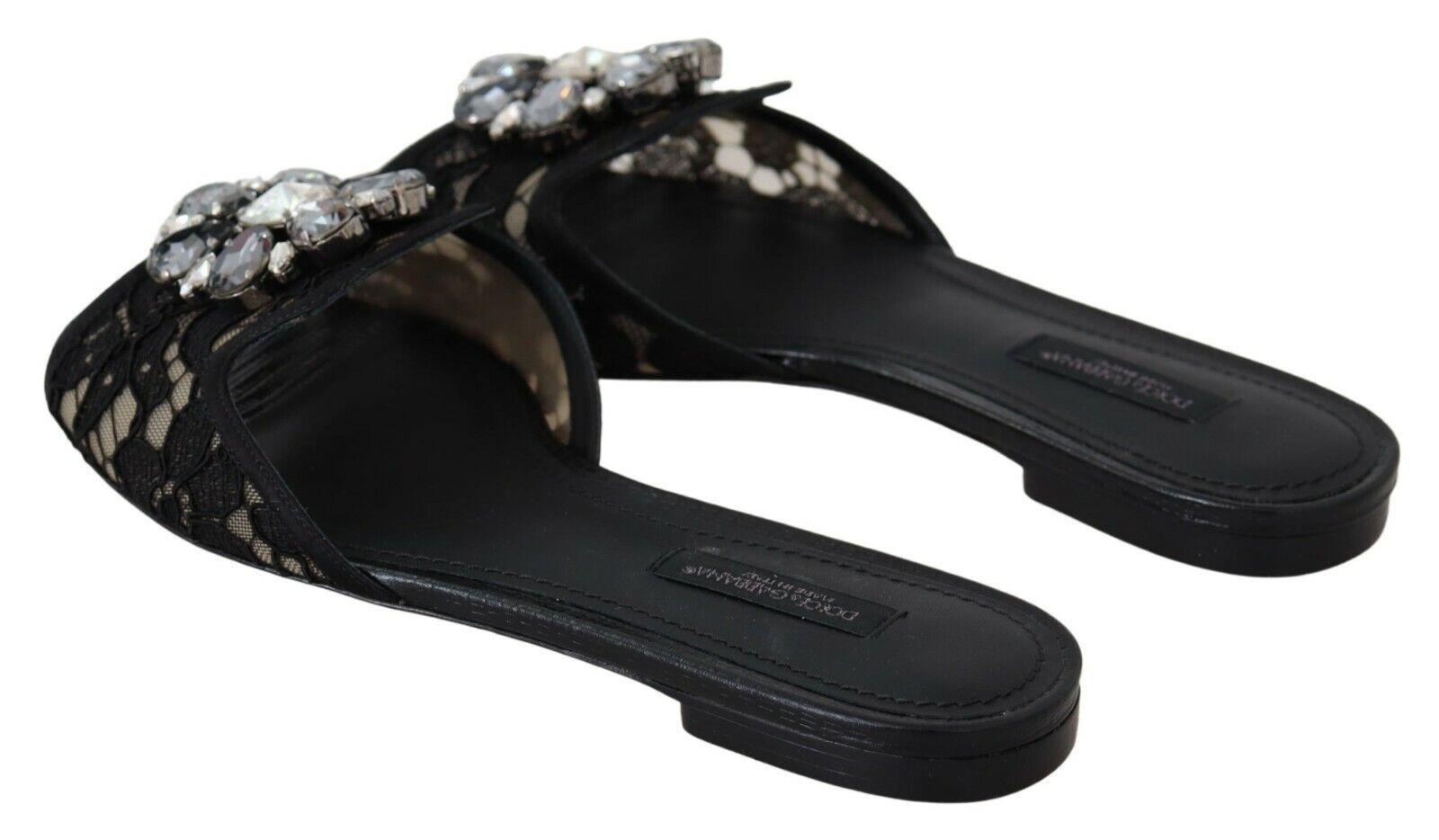 Dolce & Gabbana Sandale elegante negre din dantelă cu detalii florale bijuterie