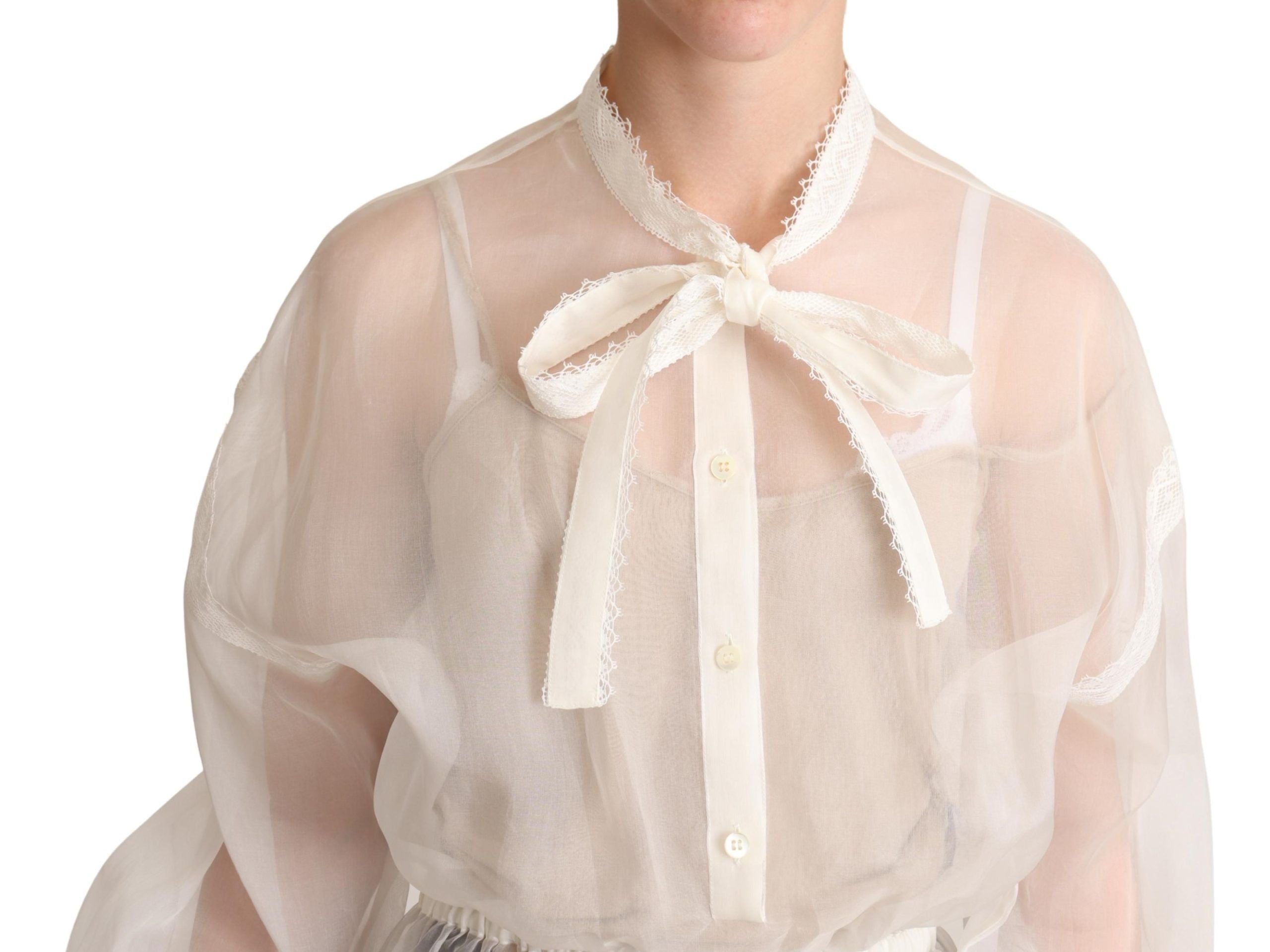 Dolce & Gabbana Elegante weiße Ascot-Bluse aus Seide und Baumwolle