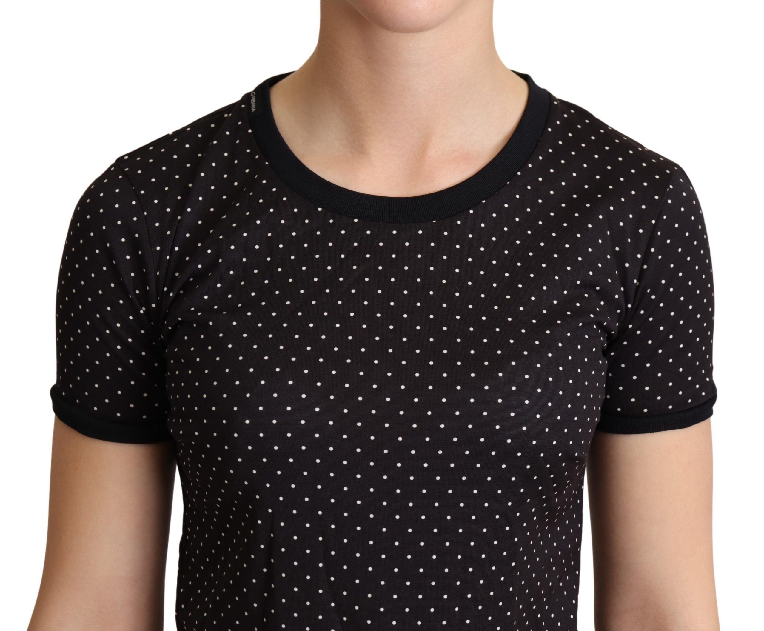 Dolce & Gabbana – Schwarzes, kurzärmliges Top mit Rundhalsausschnitt und gepunktetem Muster