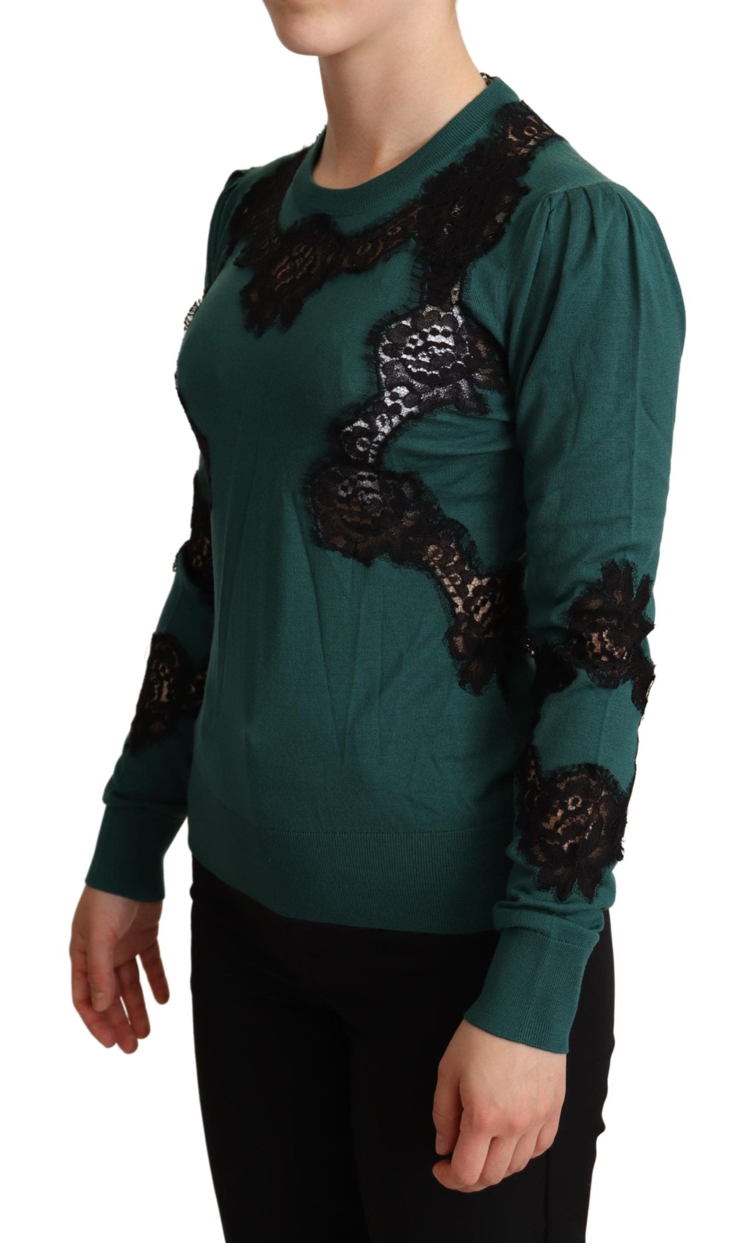 Dolce & Gabbana Eleganter grüner Pullover mit schwarzem Spitzendetail