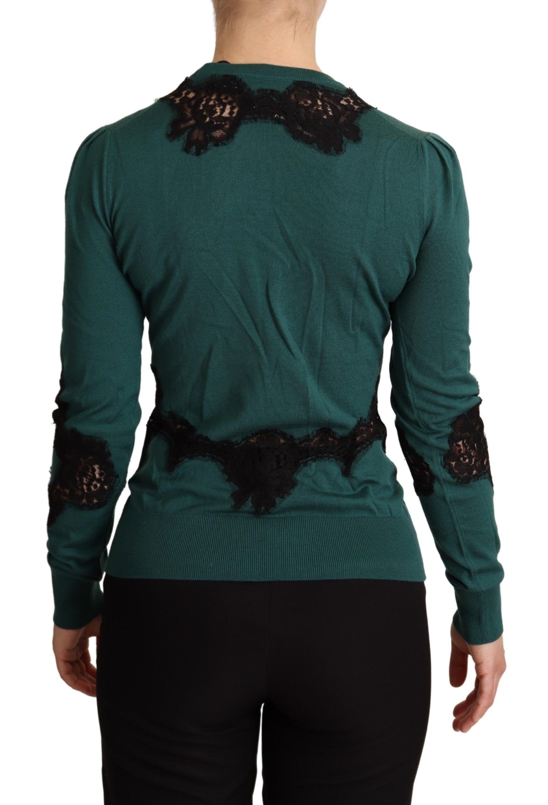 Dolce & Gabbana Eleganter grüner Pullover mit schwarzem Spitzendetail