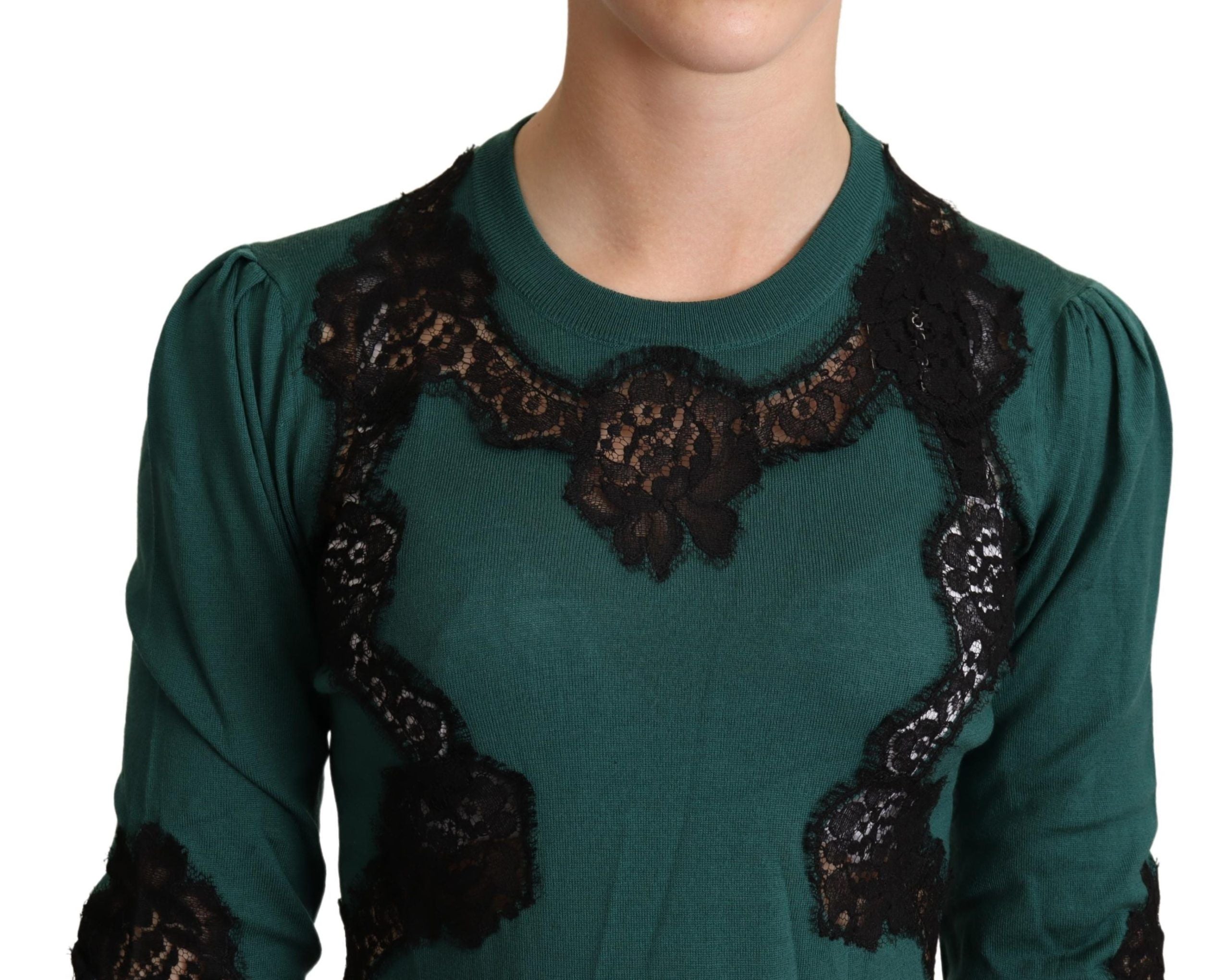 Dolce & Gabbana Eleganter grüner Pullover mit schwarzem Spitzendetail