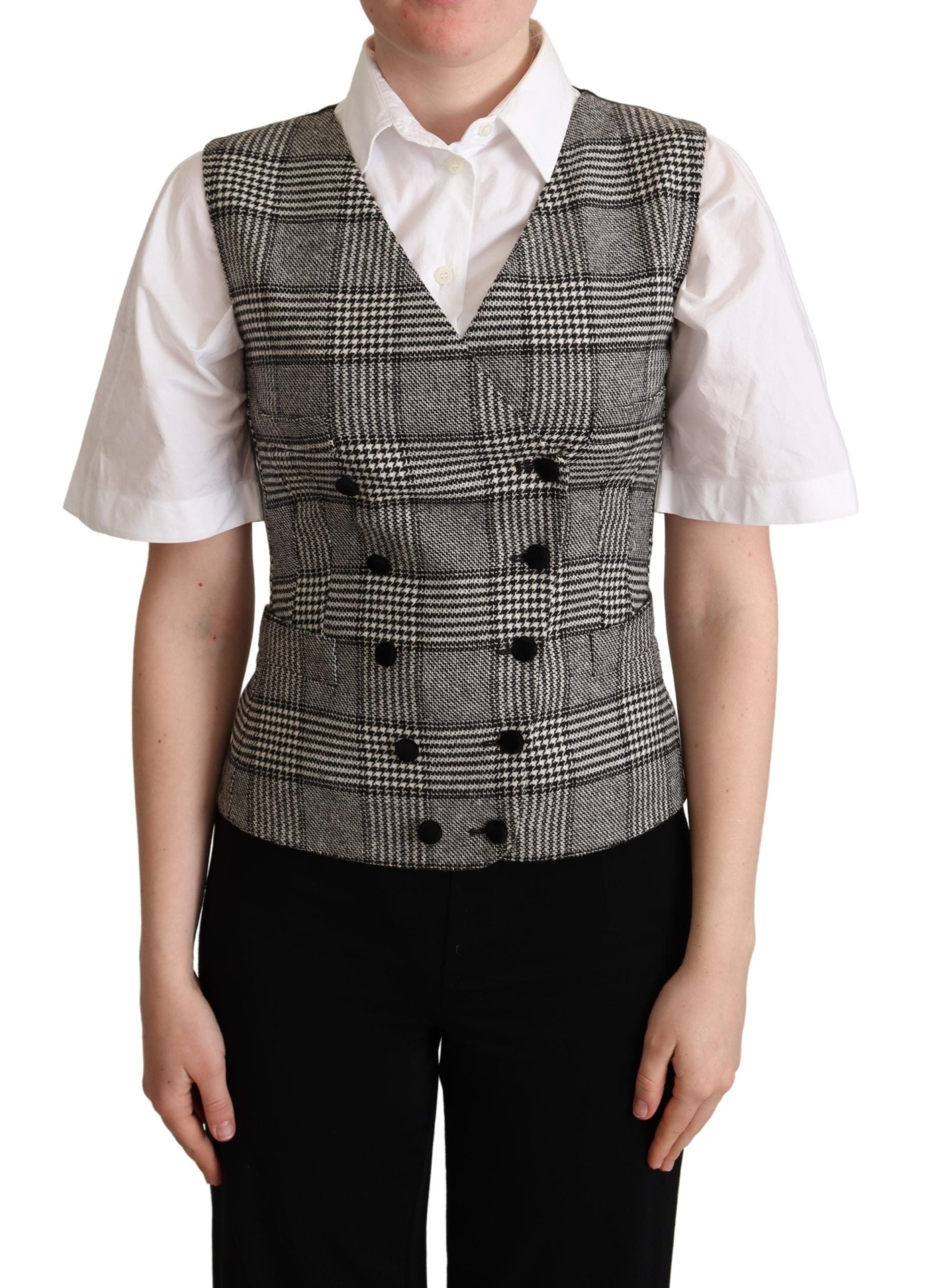 Vestă elegantă în carouri din amestec de mătase gri Dolce & Gabbana