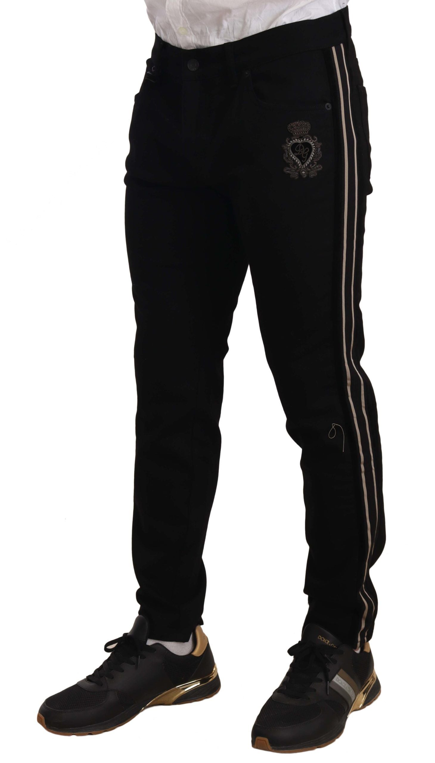Dolce & Gabbana – Slim Fit-Jeans in Schwarz mit heraldischer Stickerei